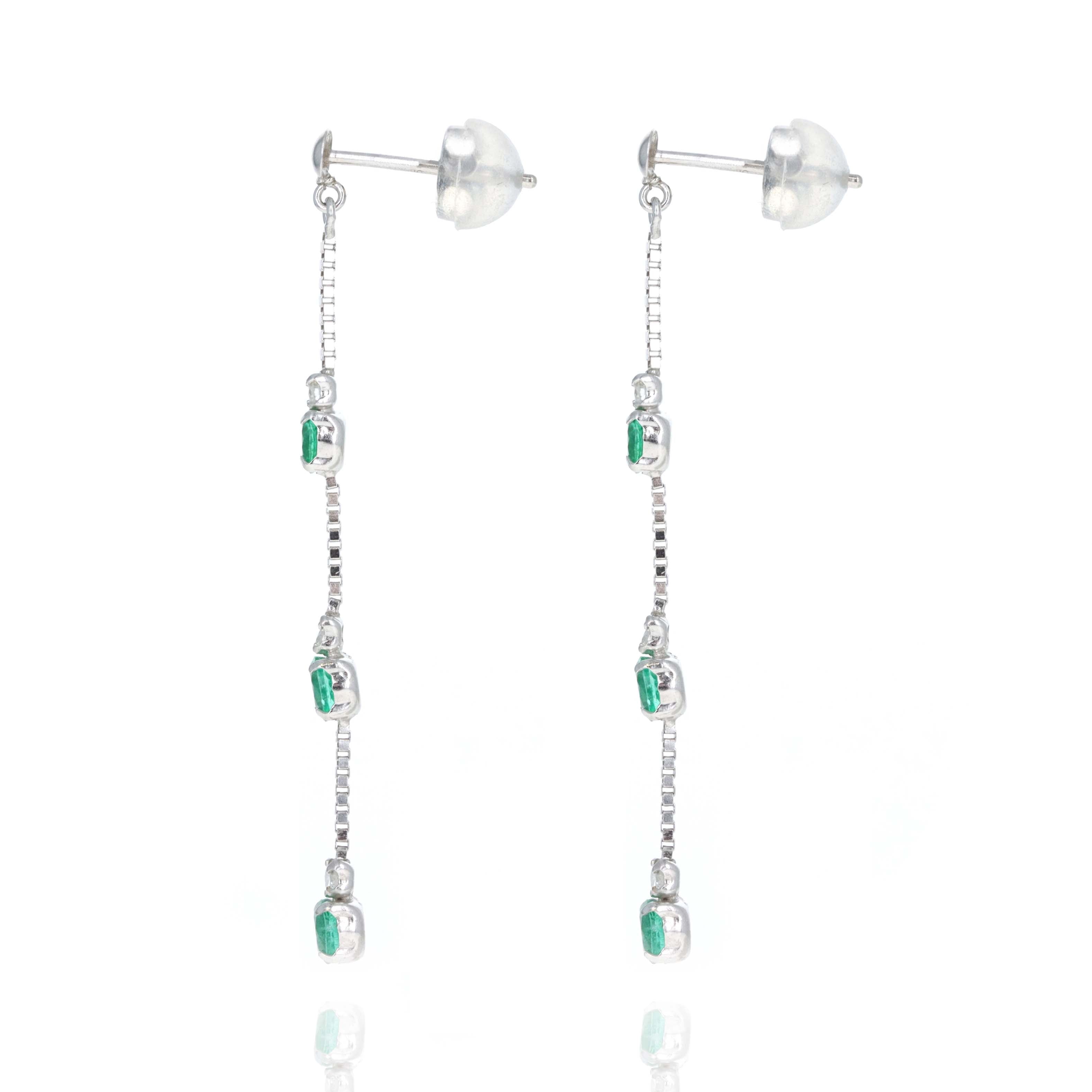 18K White Gold Emerald Diamond Chain Drop Earrings - Queen May