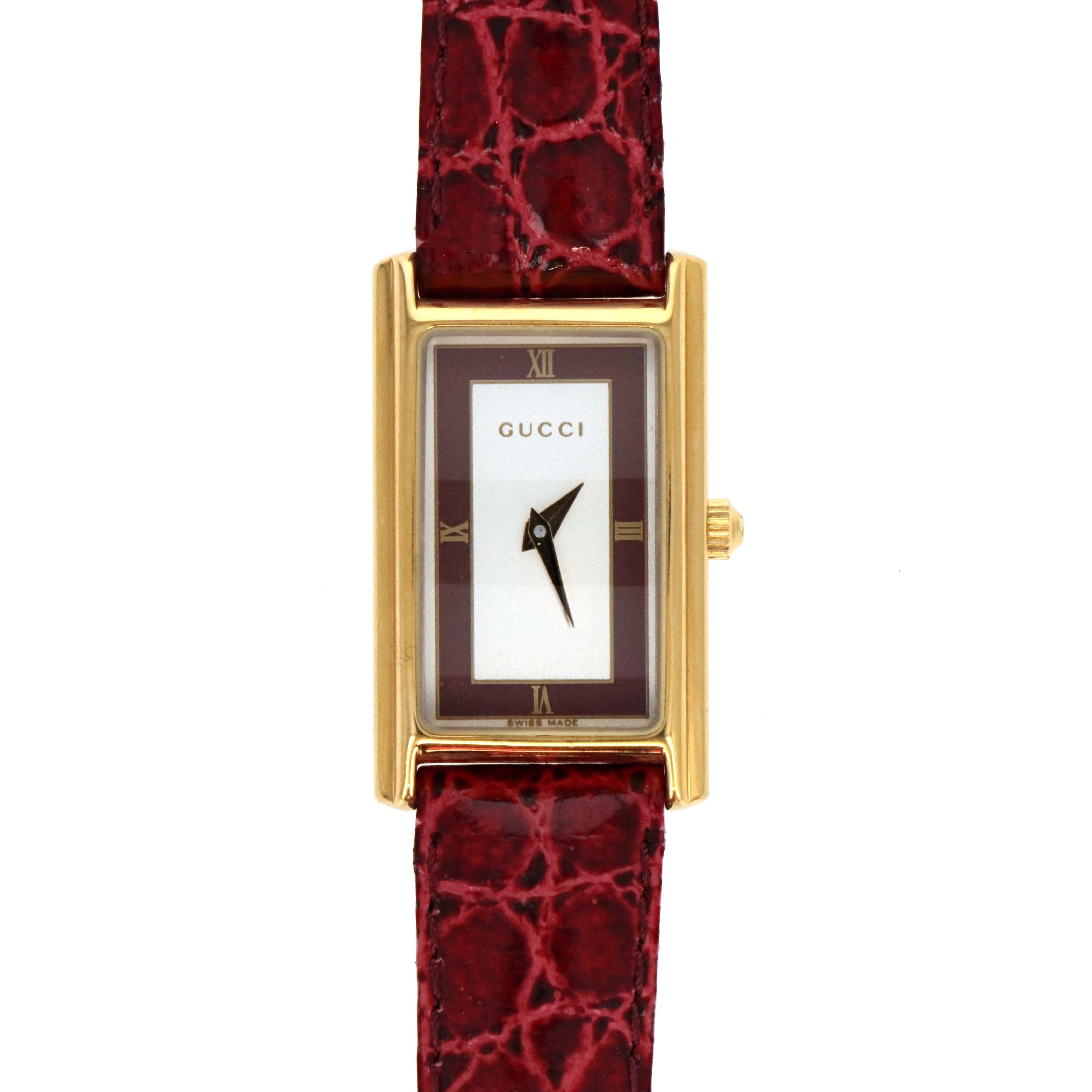 Vintage Gucci 2600L Gold Plated Ladies Watch with Red Leather Strap and Box - Queen May