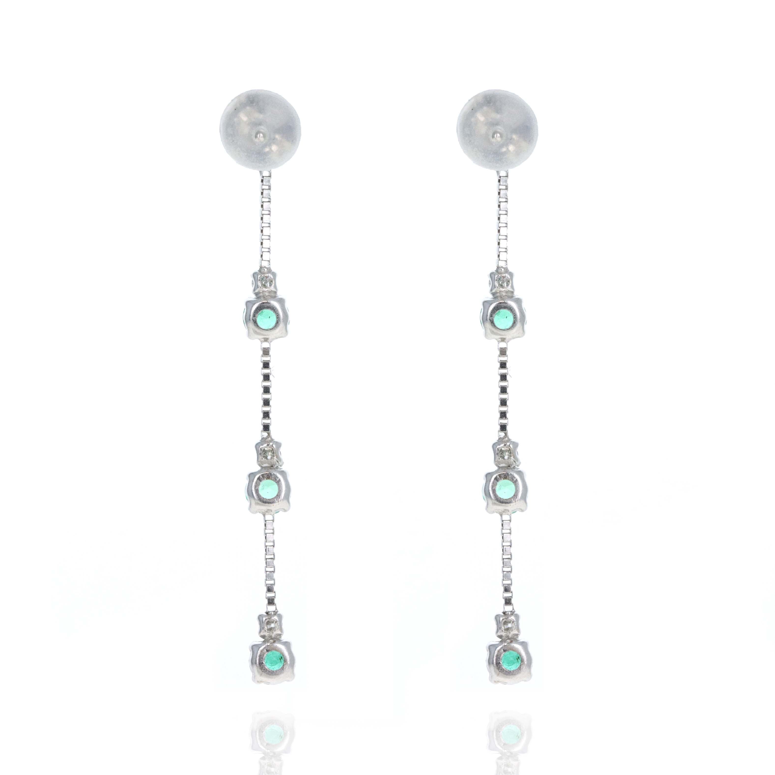 18K White Gold Emerald Diamond Chain Drop Earrings - Queen May