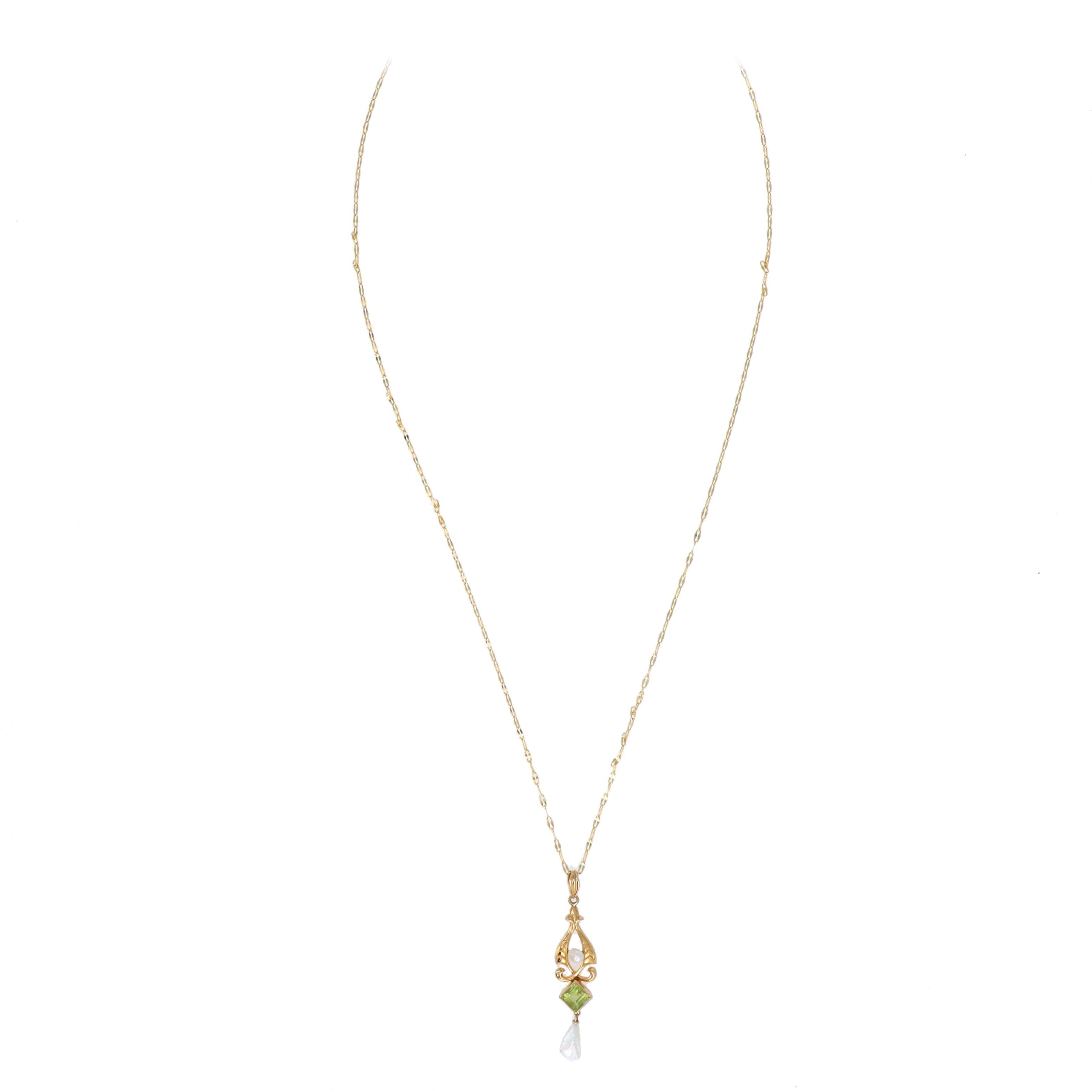 Art Nouveau 14K Yellow Gold Peridot Natural Pearl Pendant Necklace - Queen May