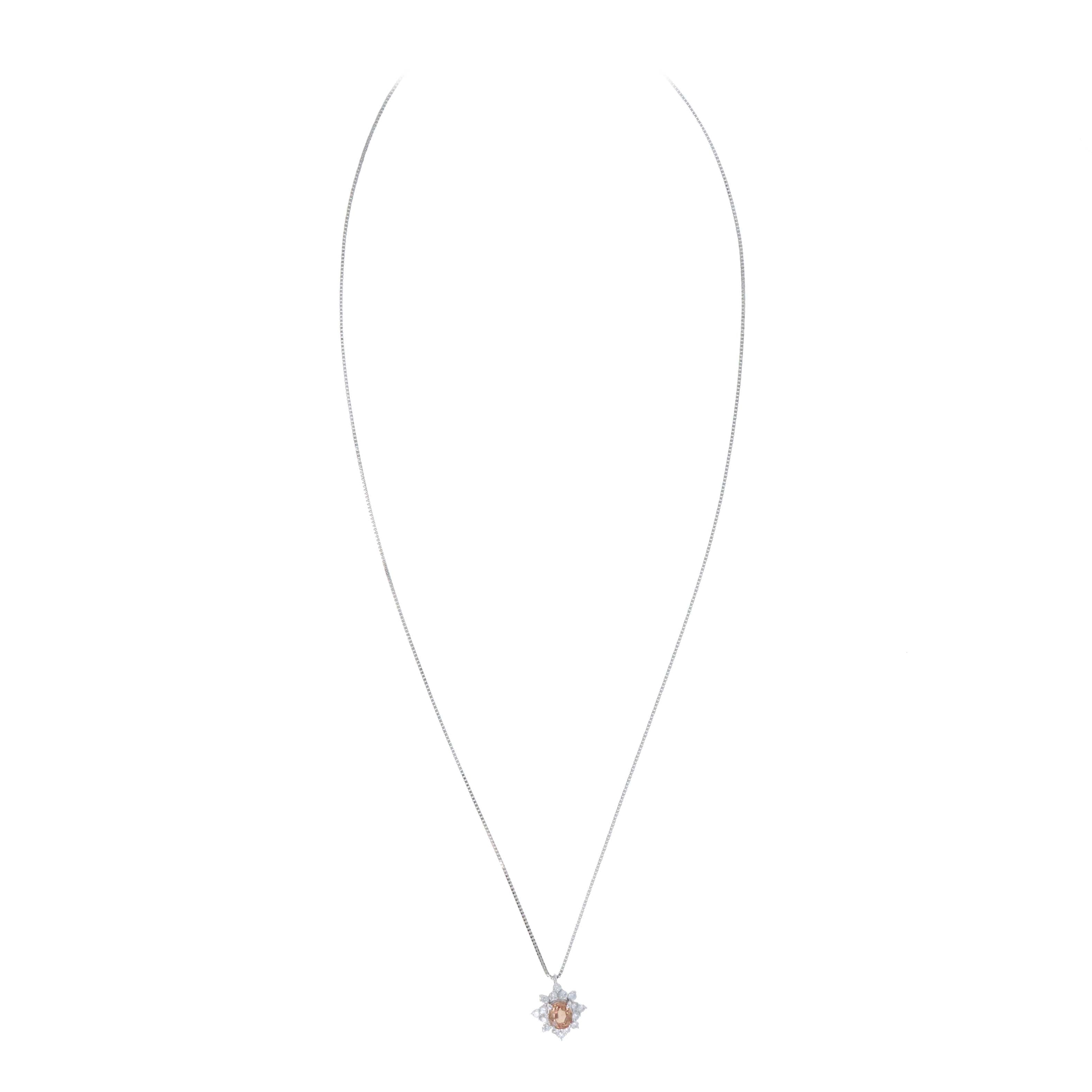 Platinum 0.95 Carat Oval Padparadscha Sapphire Diamond Halo Pendant Necklace - Queen May
