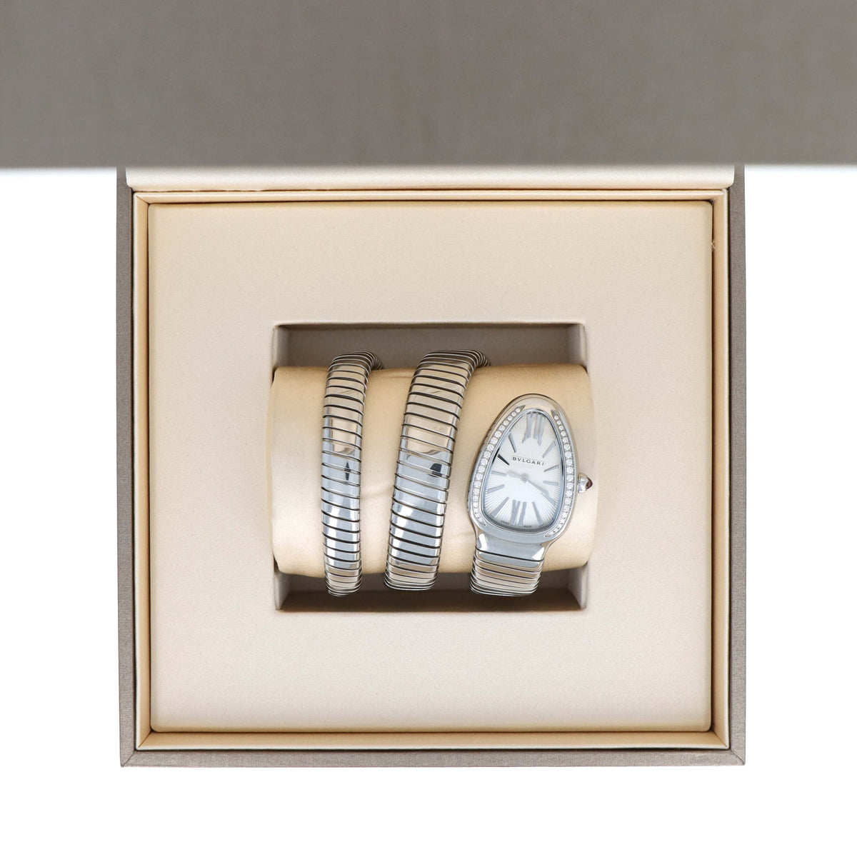 Bvlgari Stainless Steel Serpenti Tubogas 35mm White Dial Diamond Ladies Watch With Box and Papers c.2025 - Queen May