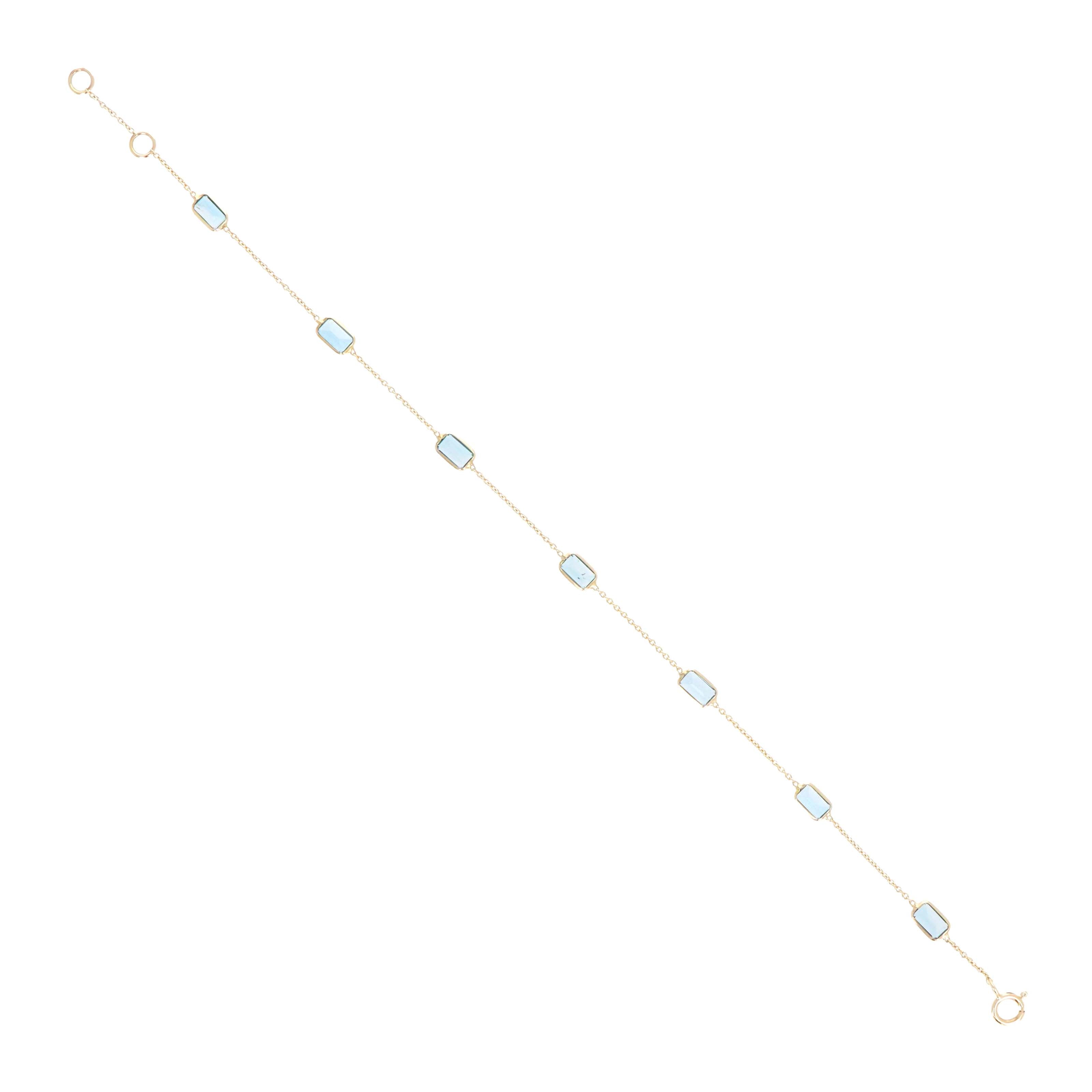 14K Yellow Gold 2.69 Carat Baguette London Blue Topaz Bezel Station Bracelet