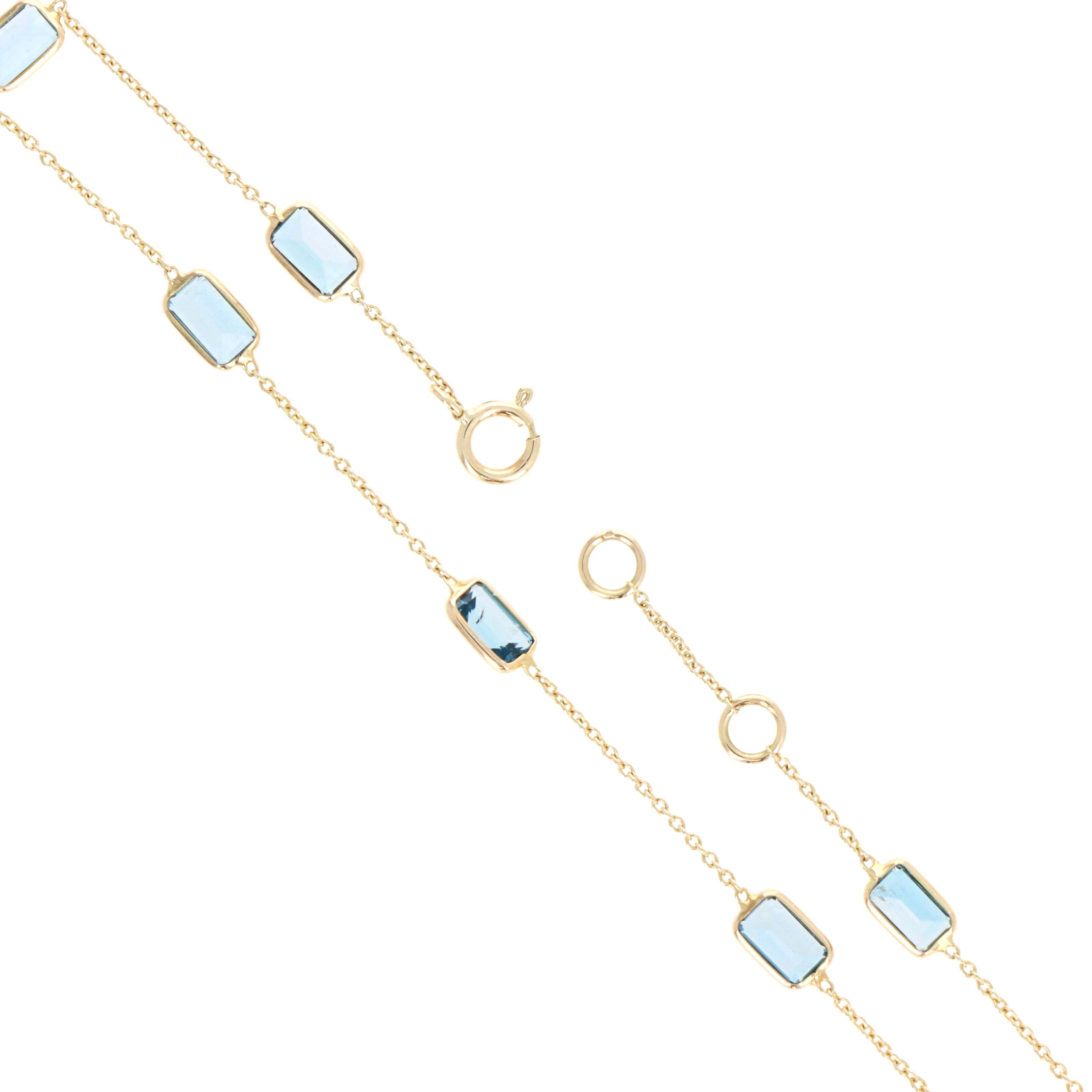 14K Yellow Gold 2.69 Carat Baguette London Blue Topaz Bezel Station Bracelet