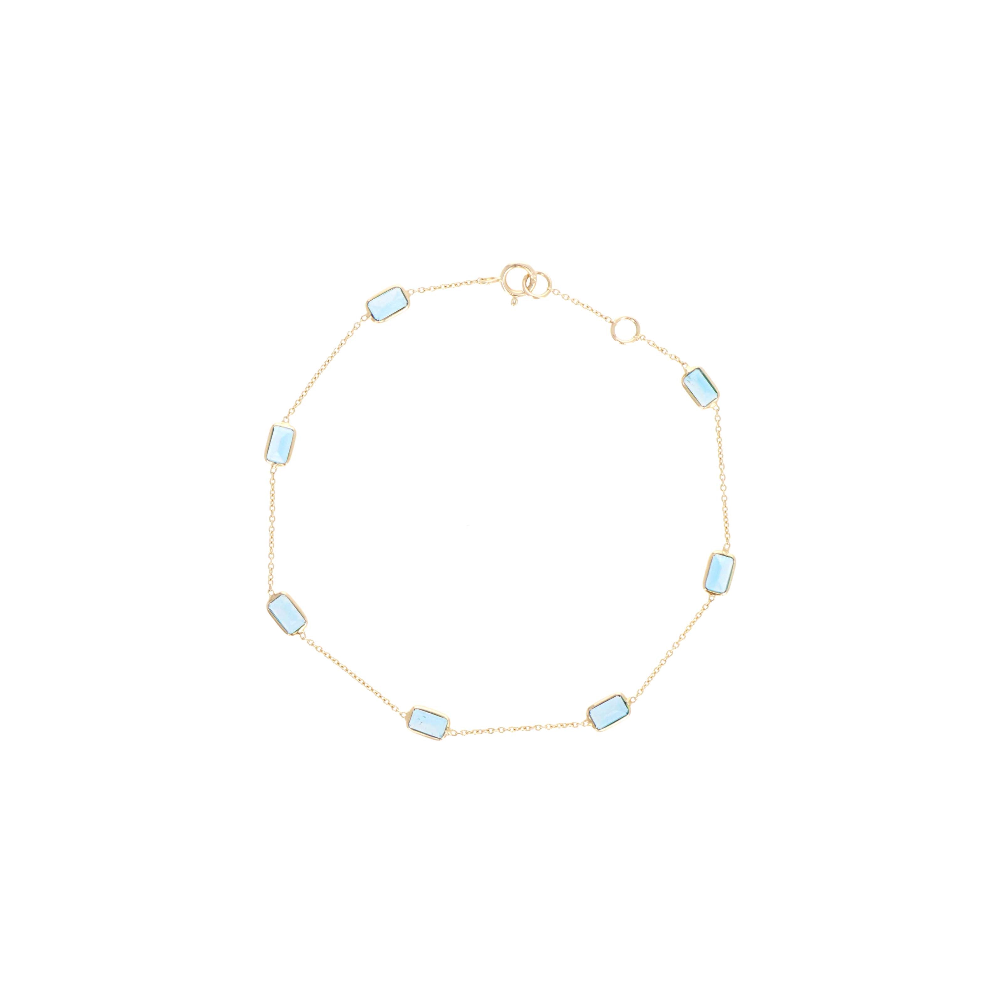 14K Yellow Gold 2.69 Carat Baguette London Blue Topaz Bezel Station Bracelet