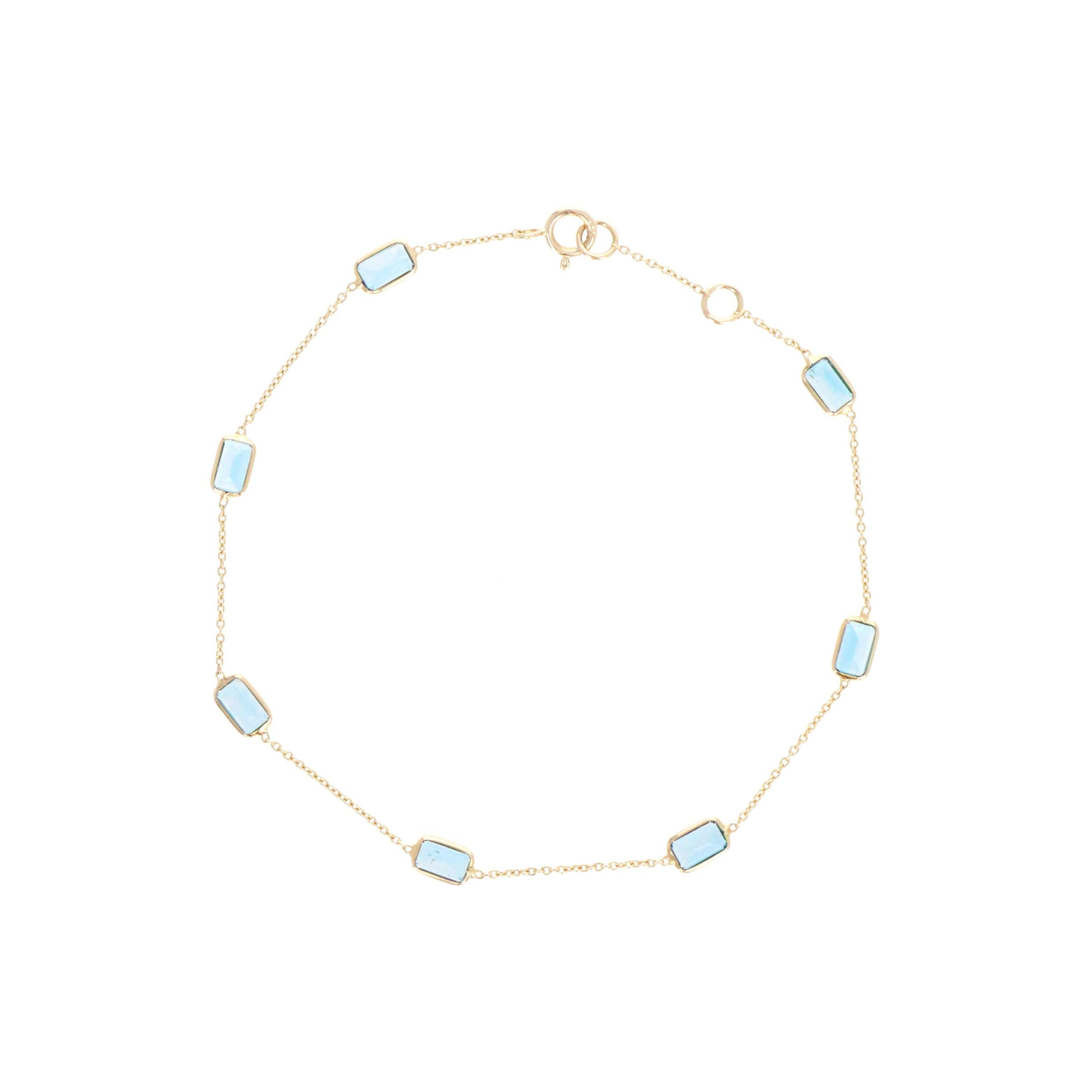 14K Yellow Gold 2.69 Carat Baguette London Blue Topaz Bezel Station Bracelet - Queen May
