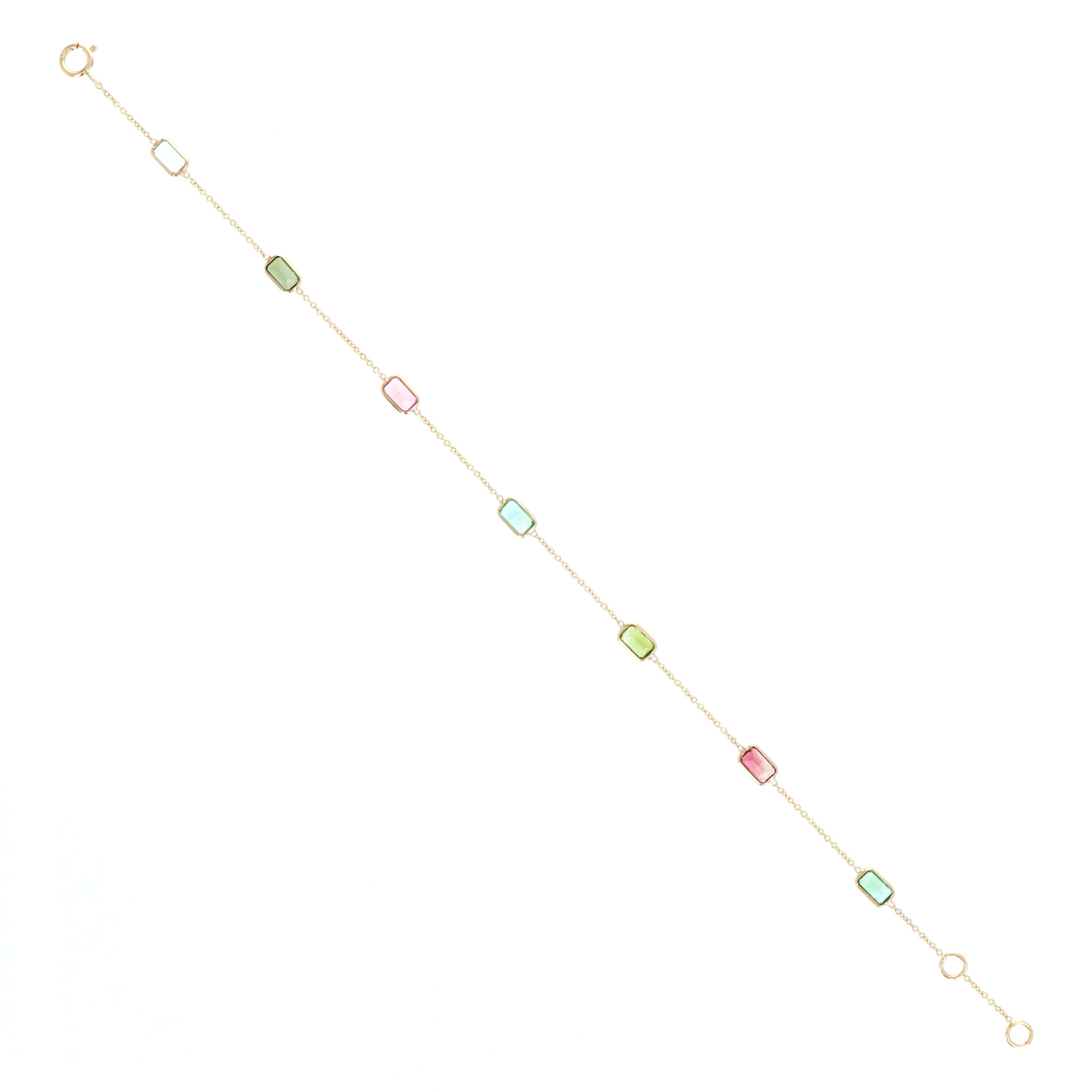 14K Yellow Gold 2 Carat Baguette Multi-Color Tourmaline Bezel Station Bracelet