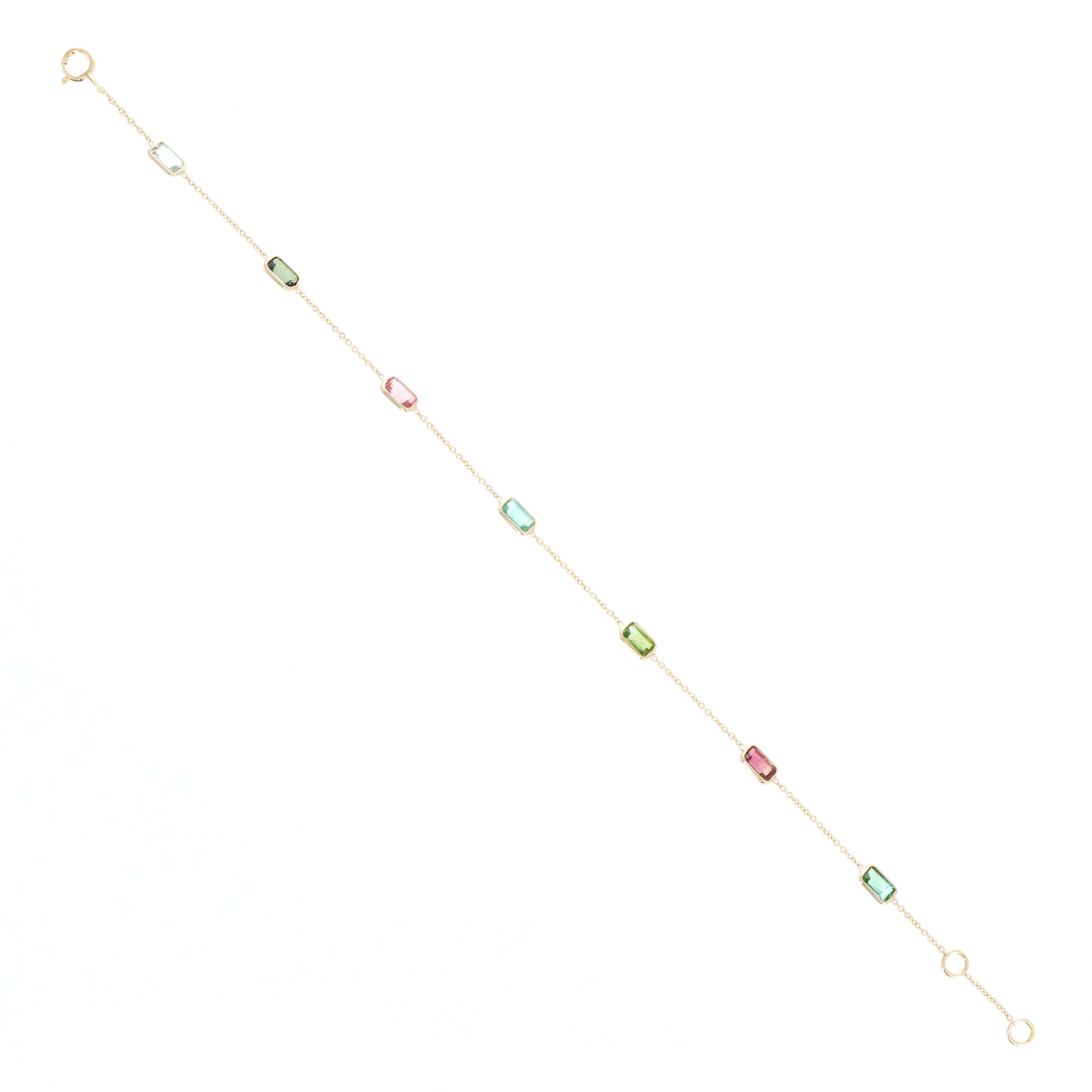 14K Yellow Gold 2 Carat Baguette Multi-Color Tourmaline Bezel Station Bracelet