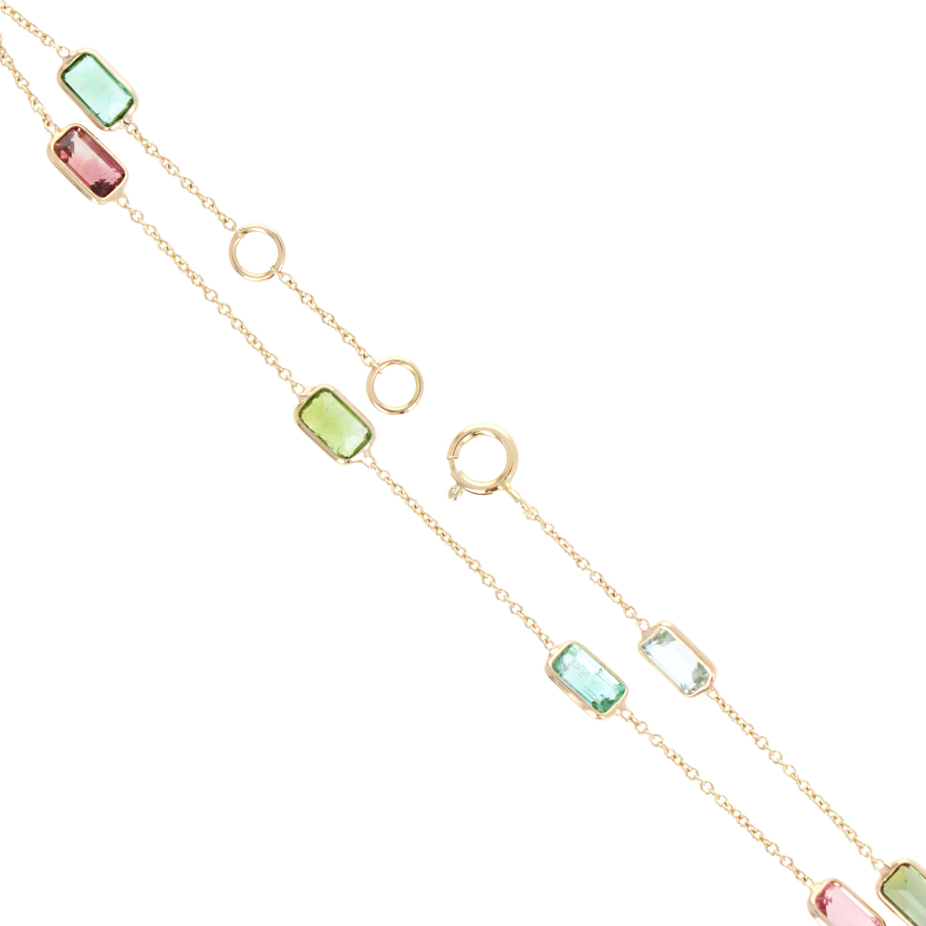 14K Yellow Gold 2 Carat Baguette Multi-Color Tourmaline Bezel Station Bracelet