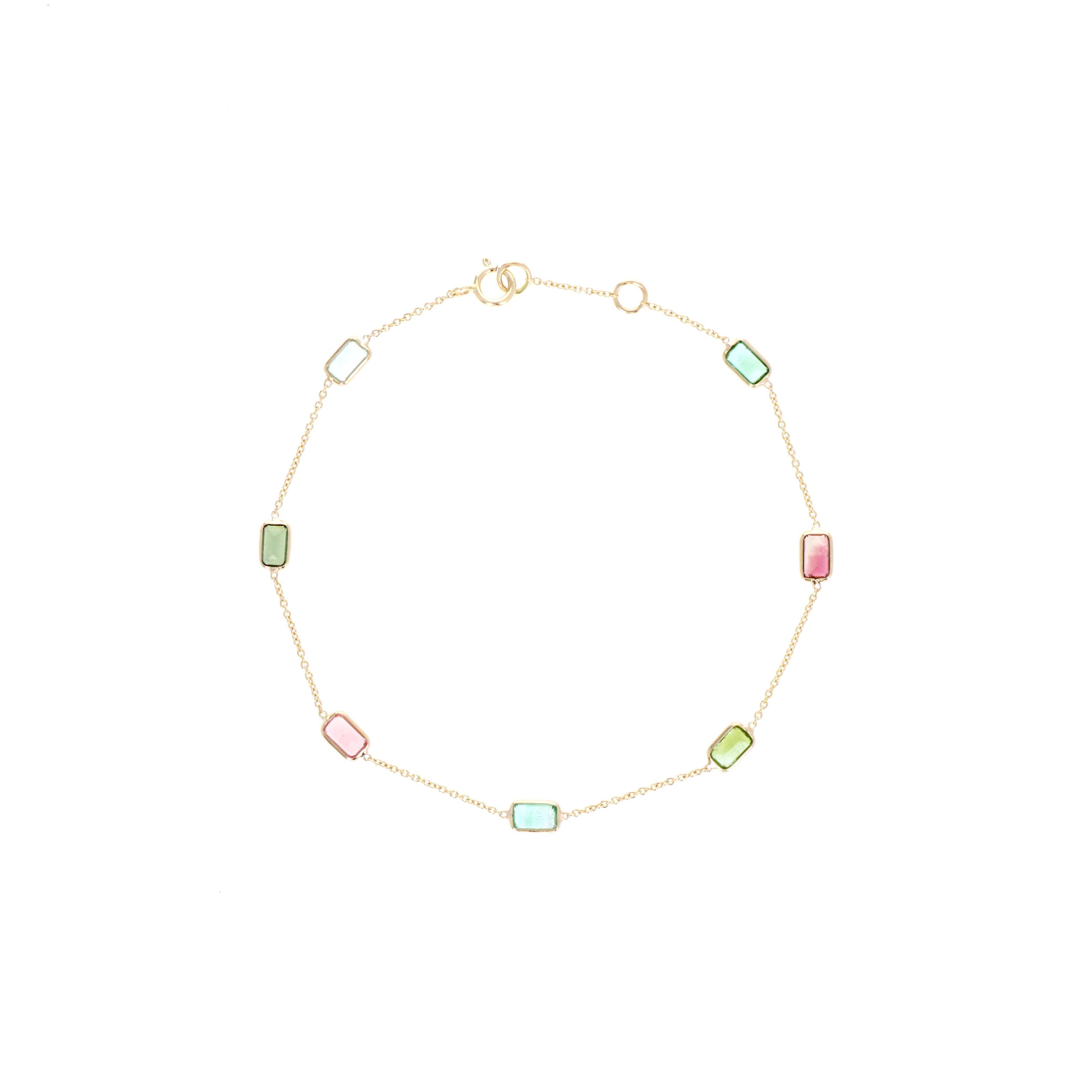 14K Yellow Gold 2 Carat Baguette Multi-Color Tourmaline Bezel Station Bracelet