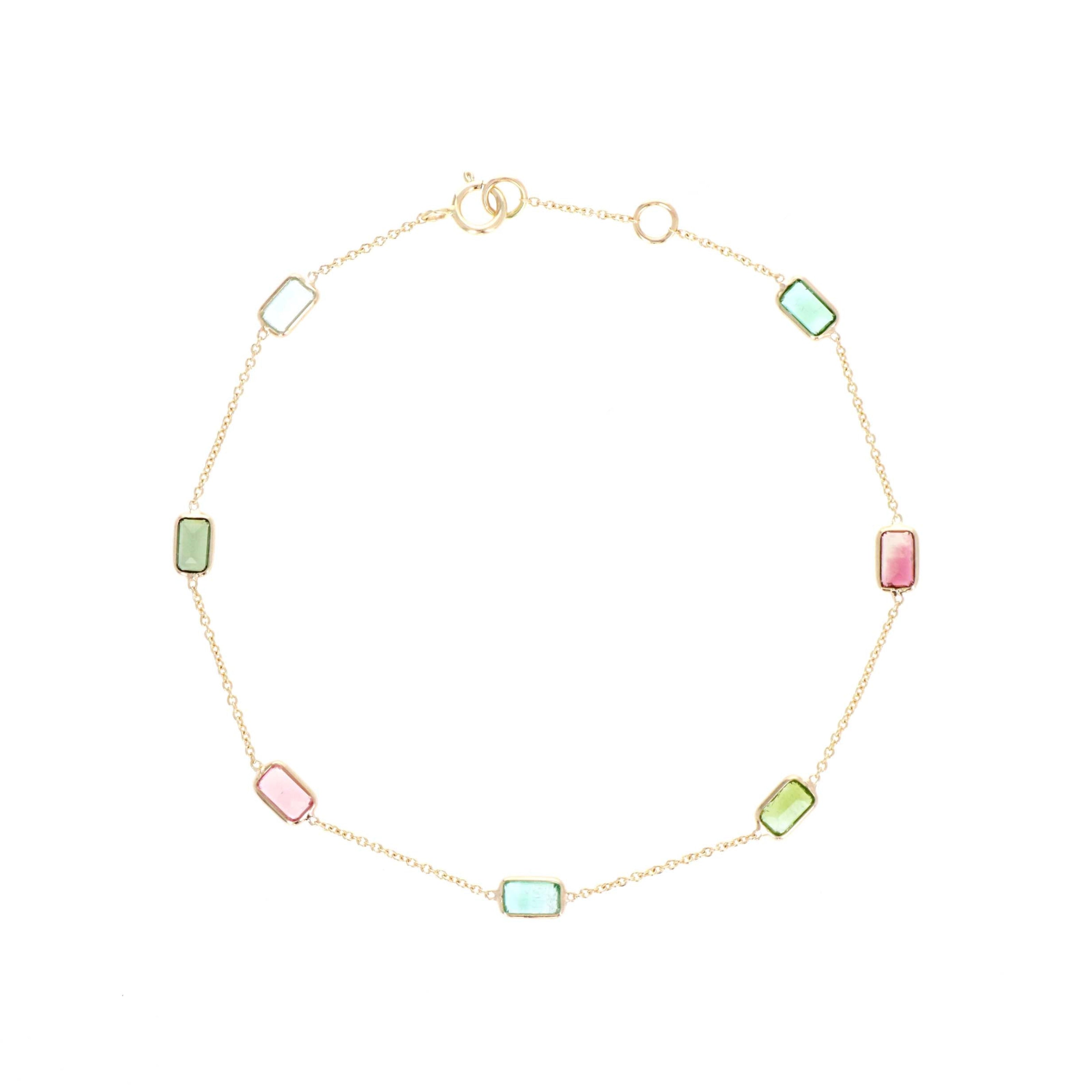 14K Yellow Gold 2 Carat Baguette Multi-Color Tourmaline Bezel Station Bracelet - Queen May