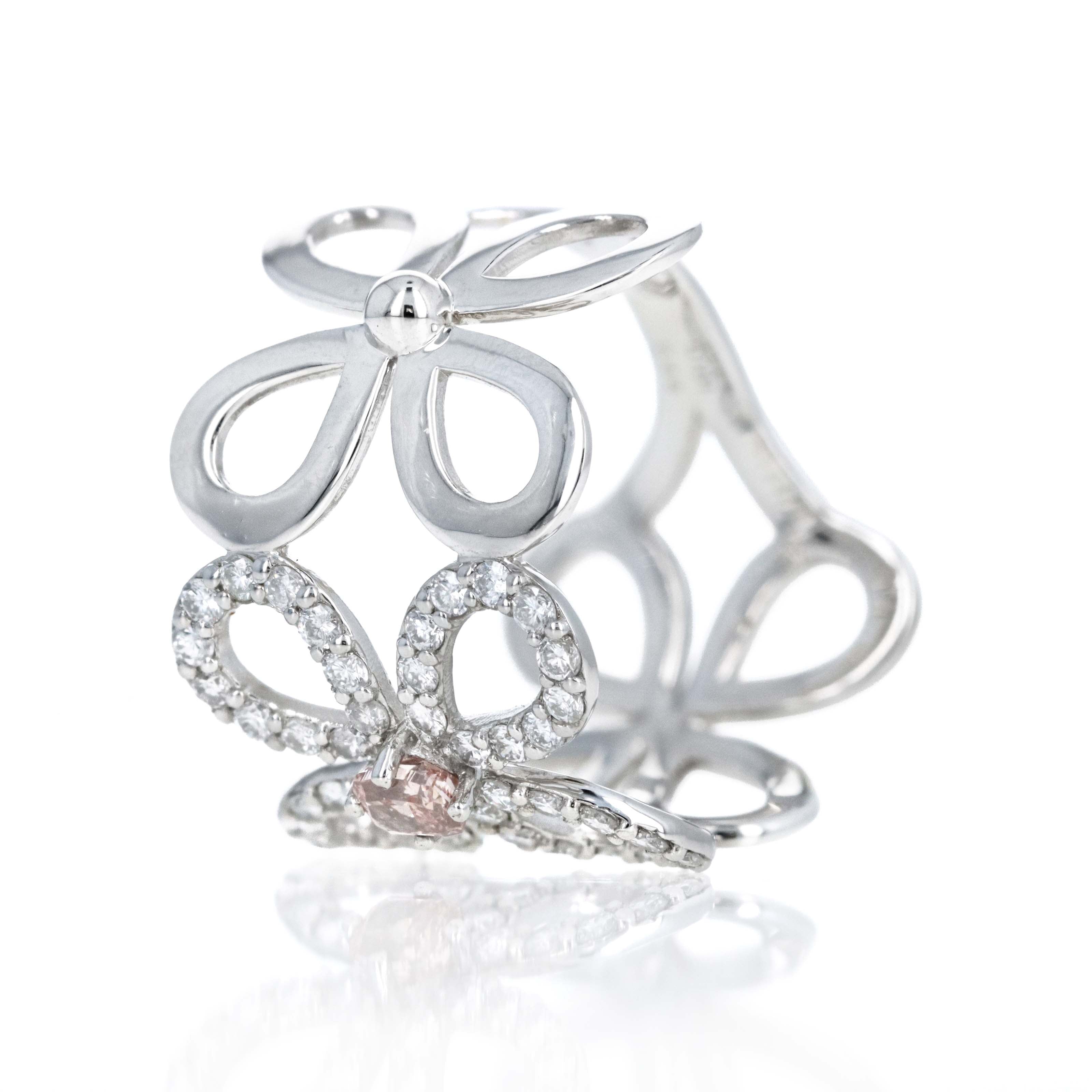 Platinum 0.15 Carat Natural Pink Fancy Intense Diamond Flower Ring
