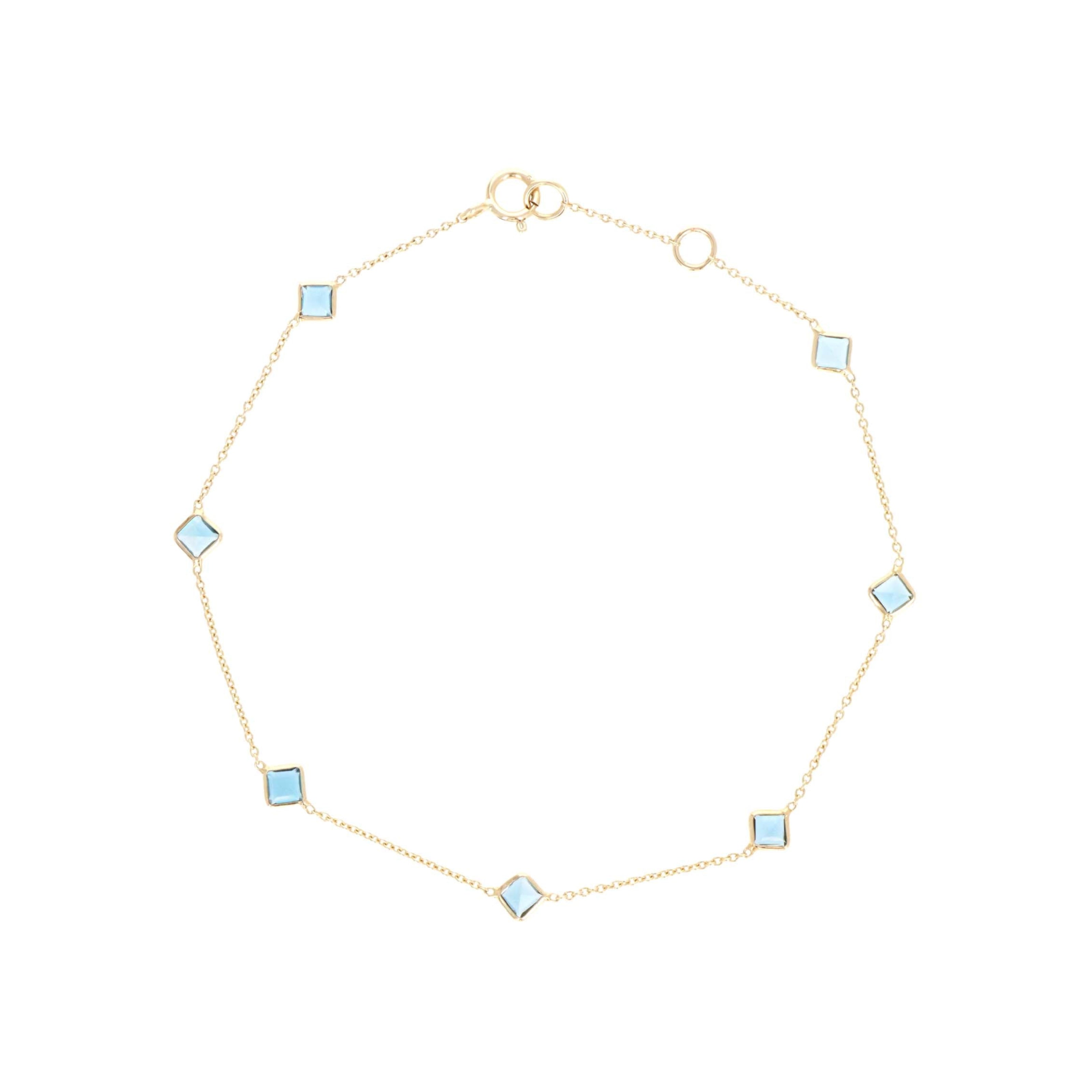 14K Yellow Gold 1.26 Carat Square London Blue Topaz Bezel Station Bracelet - Queen May