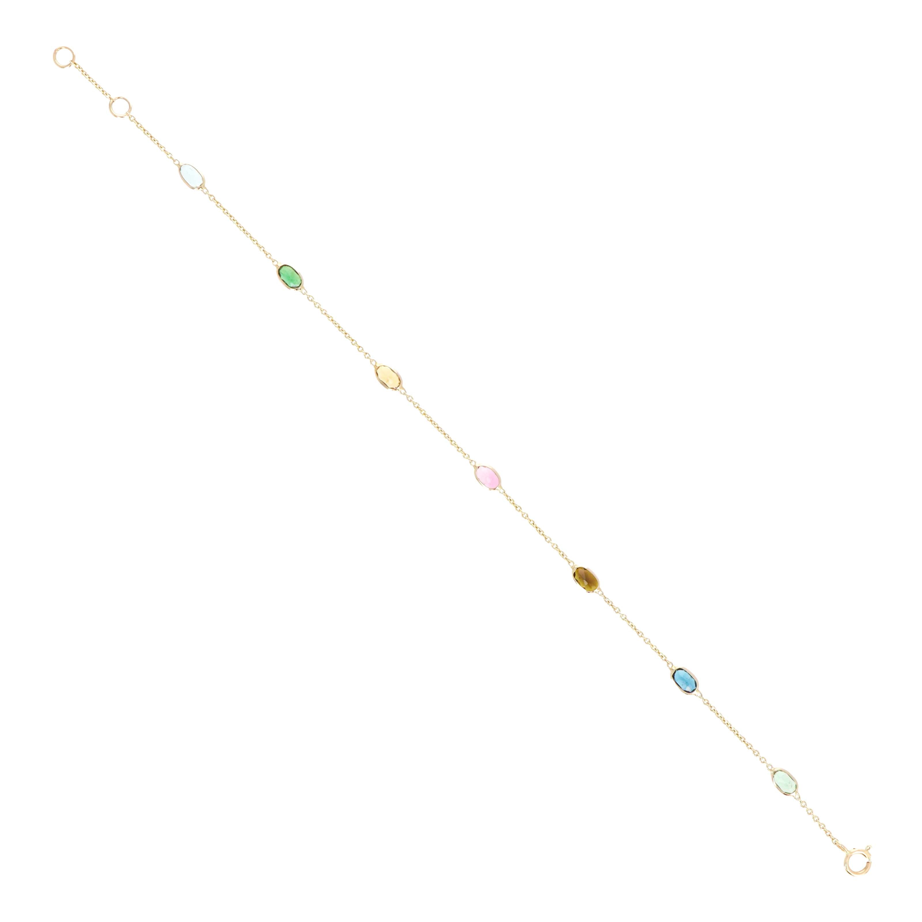 14K Yellow Gold 1.38 Carat Oval Multi-Color Tourmaline Bezel Station Bracelet