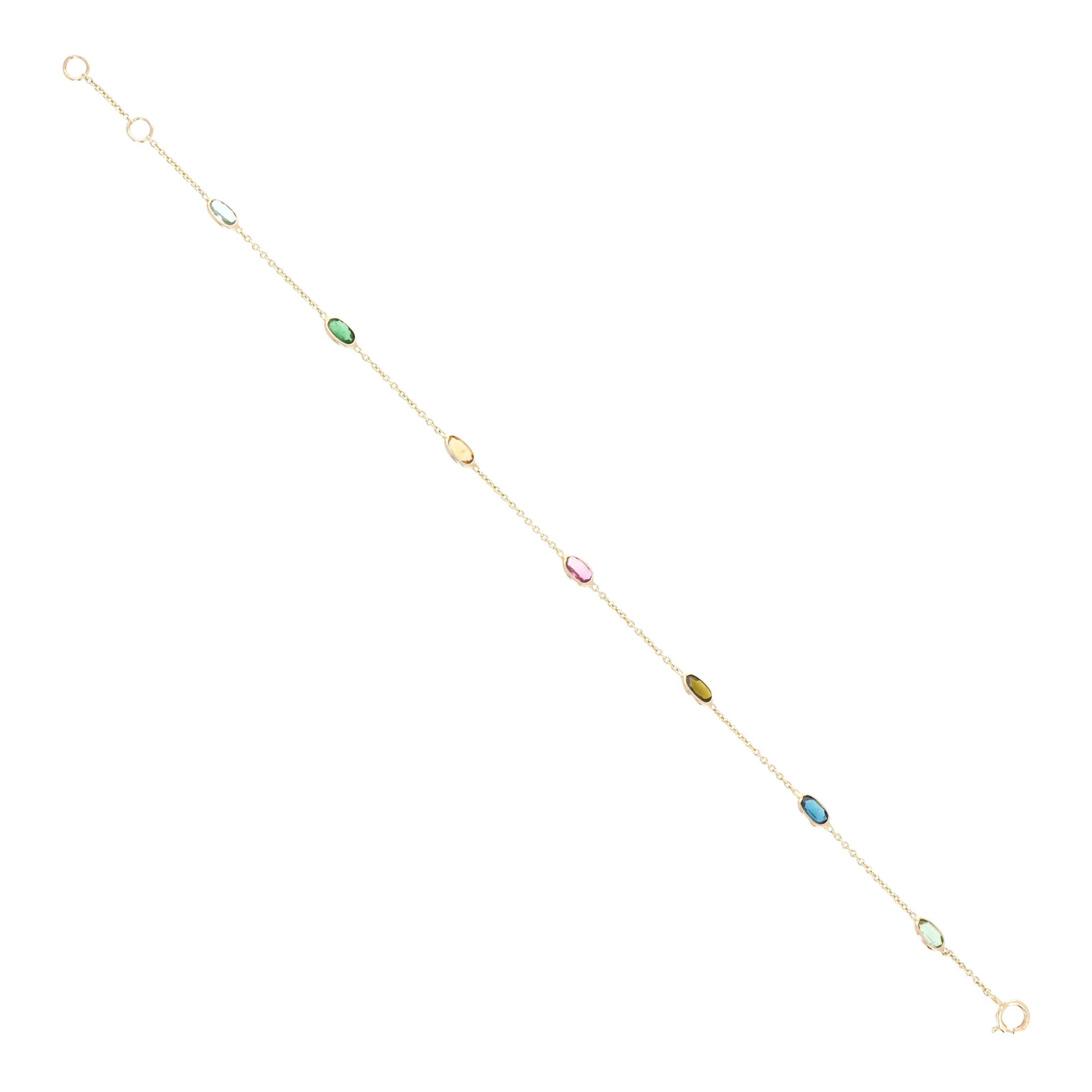 14K Yellow Gold 1.38 Carat Oval Multi-Color Tourmaline Bezel Station Bracelet