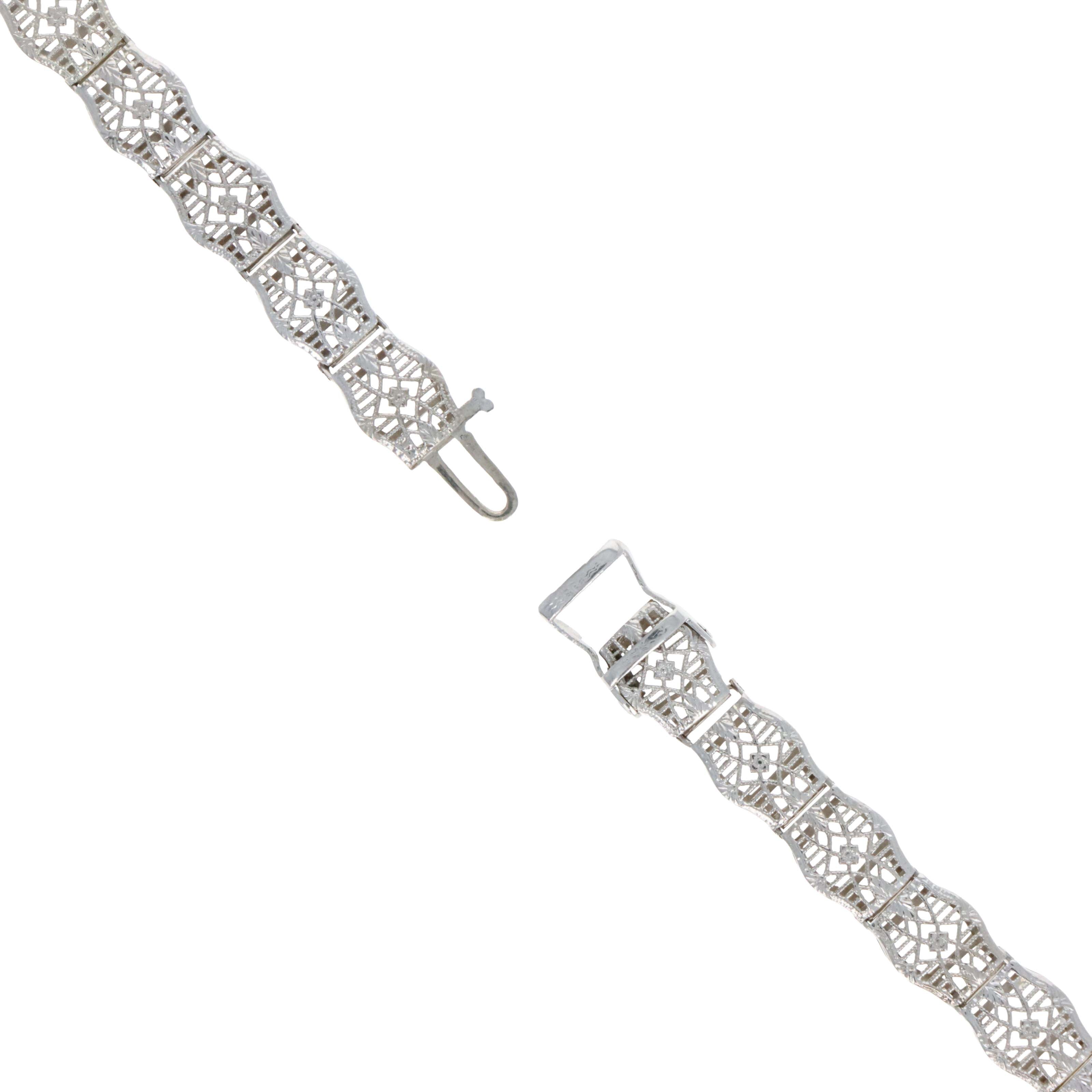 Art Deco 14K White Gold 0.20 Carat Diamond Filigree Bracelet - Queen May