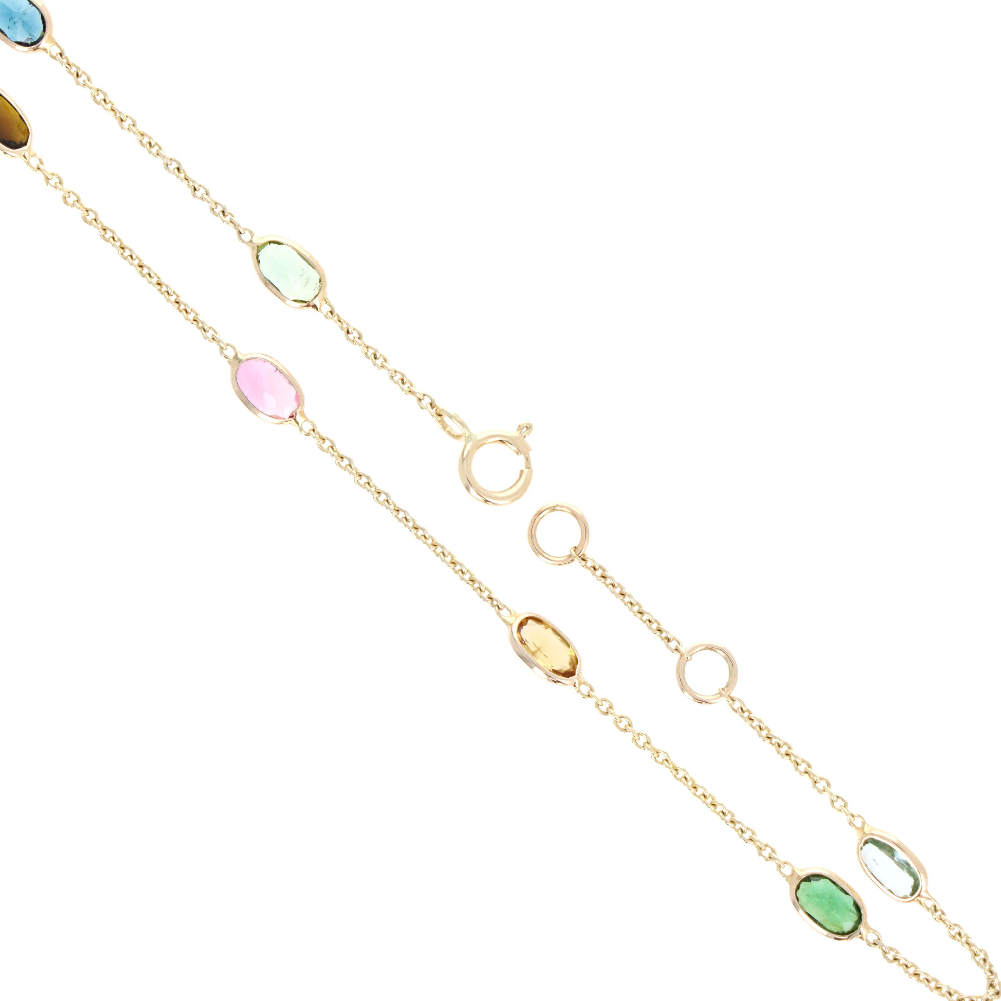 14K Yellow Gold 1.38 Carat Oval Multi-Color Tourmaline Bezel Station Bracelet