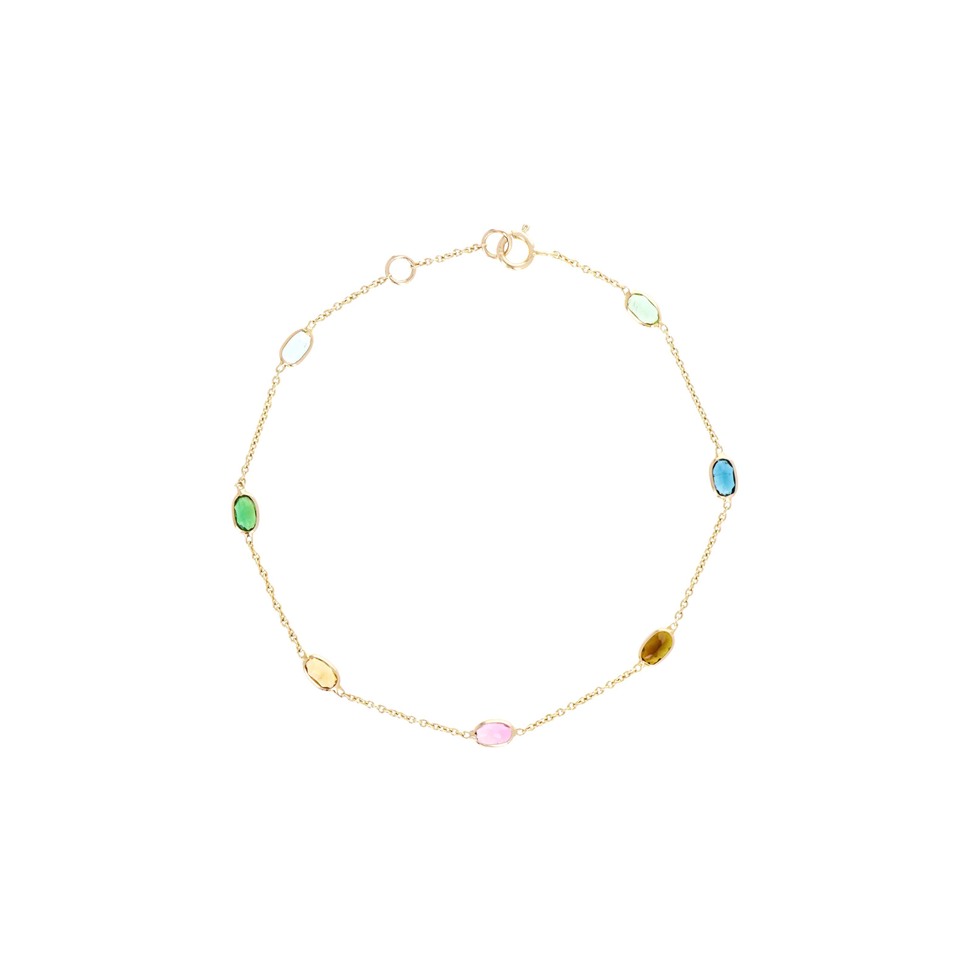 14K Yellow Gold 1.38 Carat Oval Multi-Color Tourmaline Bezel Station Bracelet