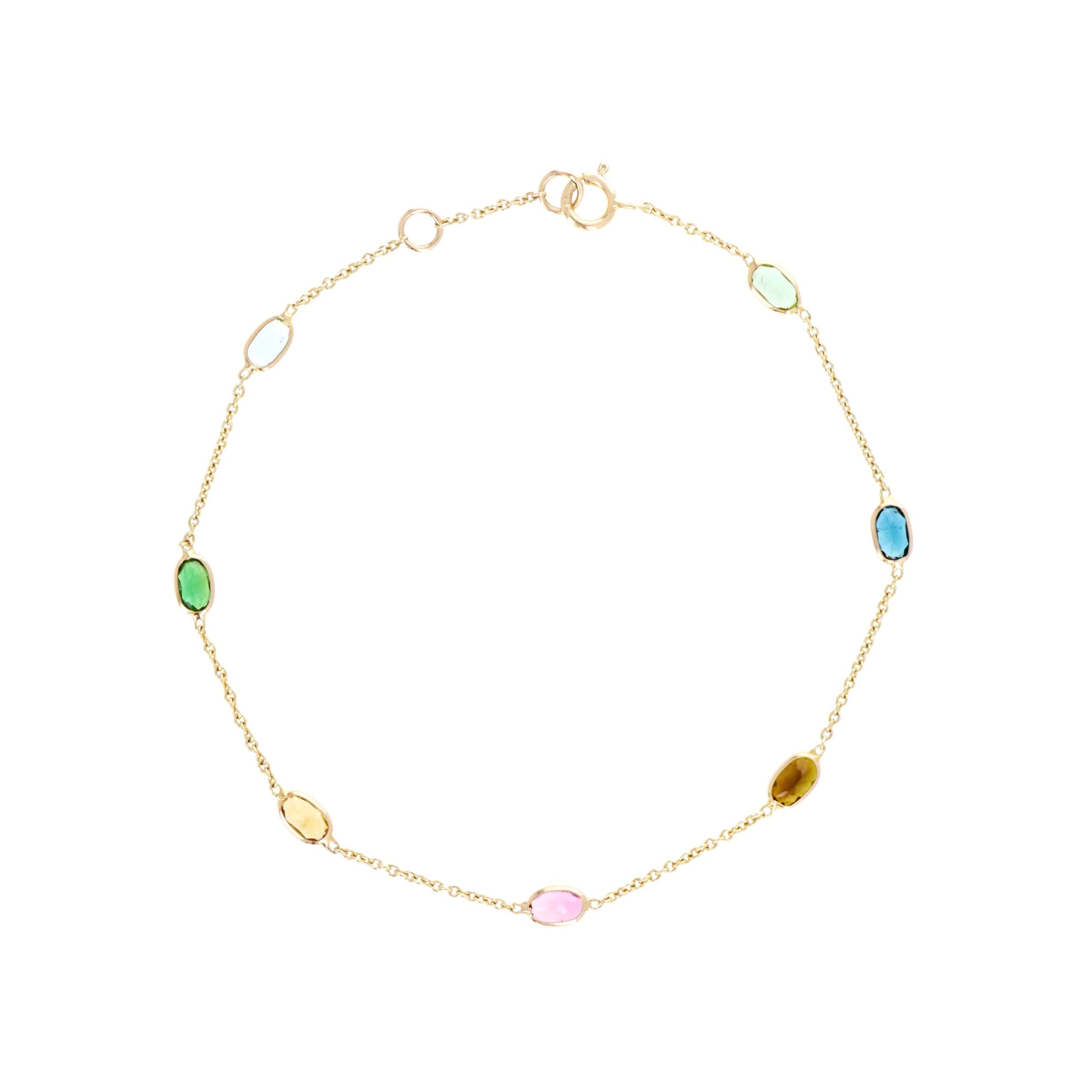 14K Yellow Gold 1.38 Carat Oval Multi-Color Tourmaline Bezel Station Bracelet - Queen May