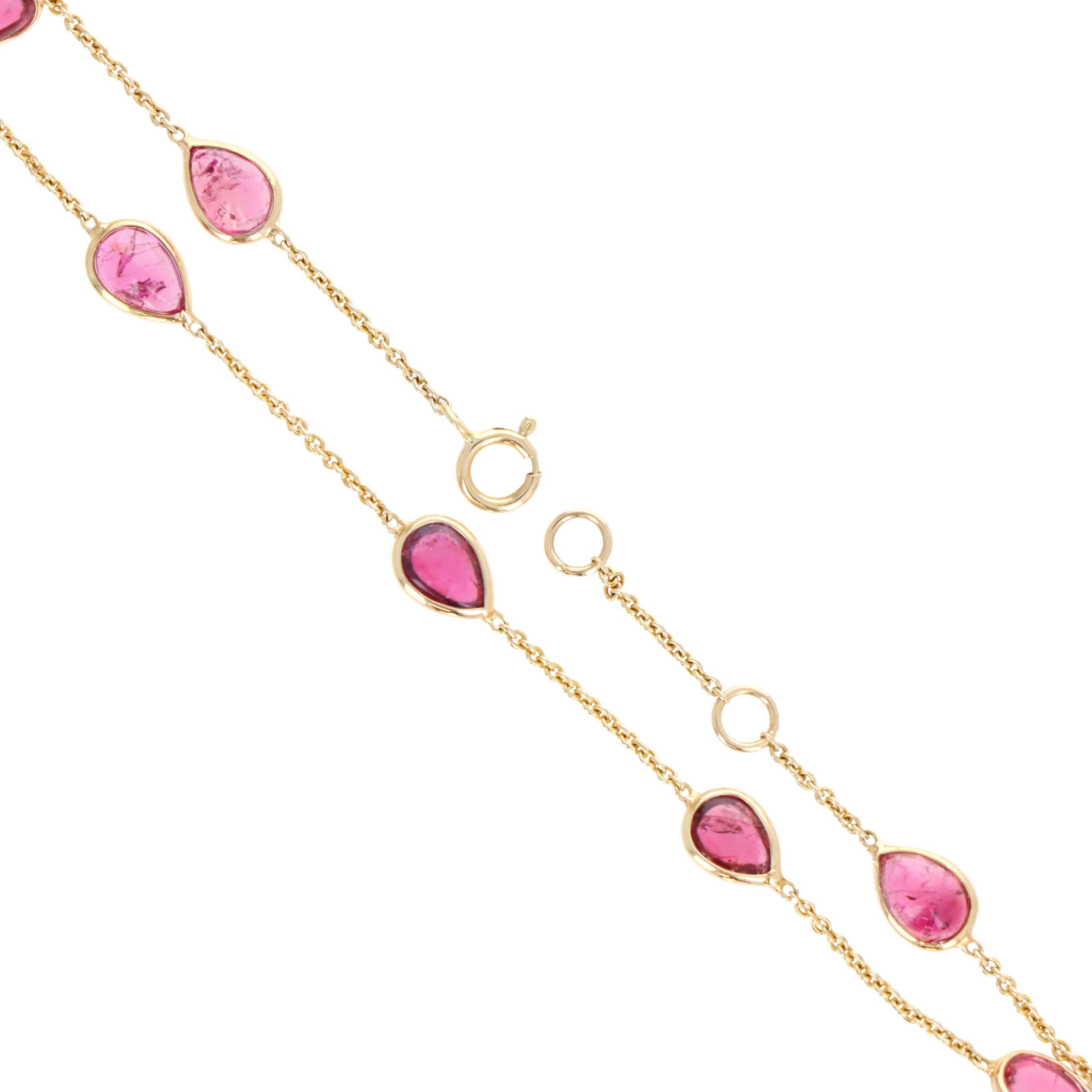 14K Yellow Gold 5 Carat Pear Cabochon Pink Tourmaline Station Bracelet