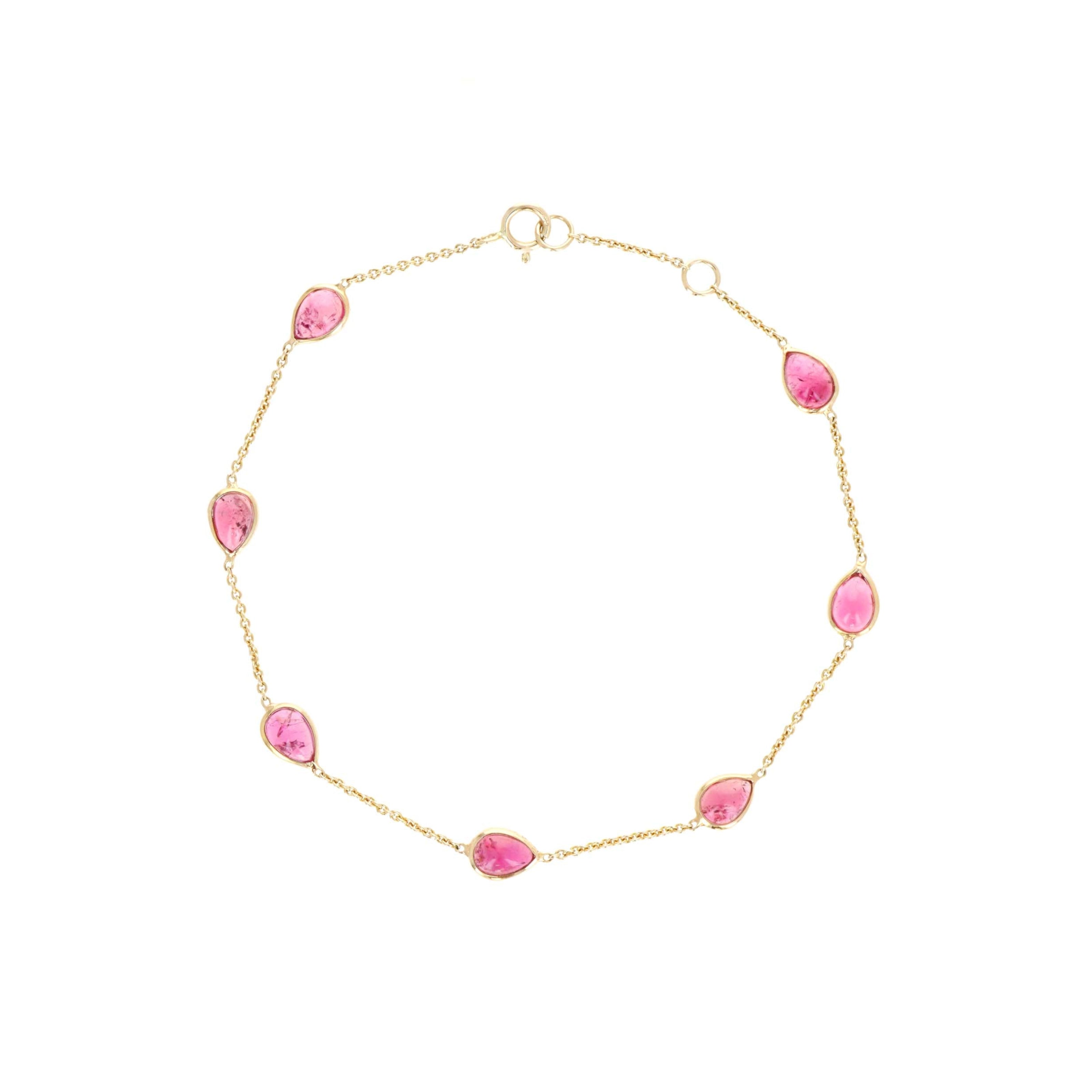 14K Yellow Gold 5 Carat Pear Cabochon Pink Tourmaline Station Bracelet - Queen May