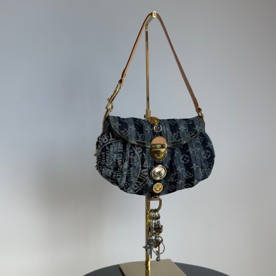 Rare Limited Edition Louis Vuitton Blue Monogram Raye Denim Judy Blame Mini Pleaty Gold & Silver Hardware, 2008 6 Charms - Queen May