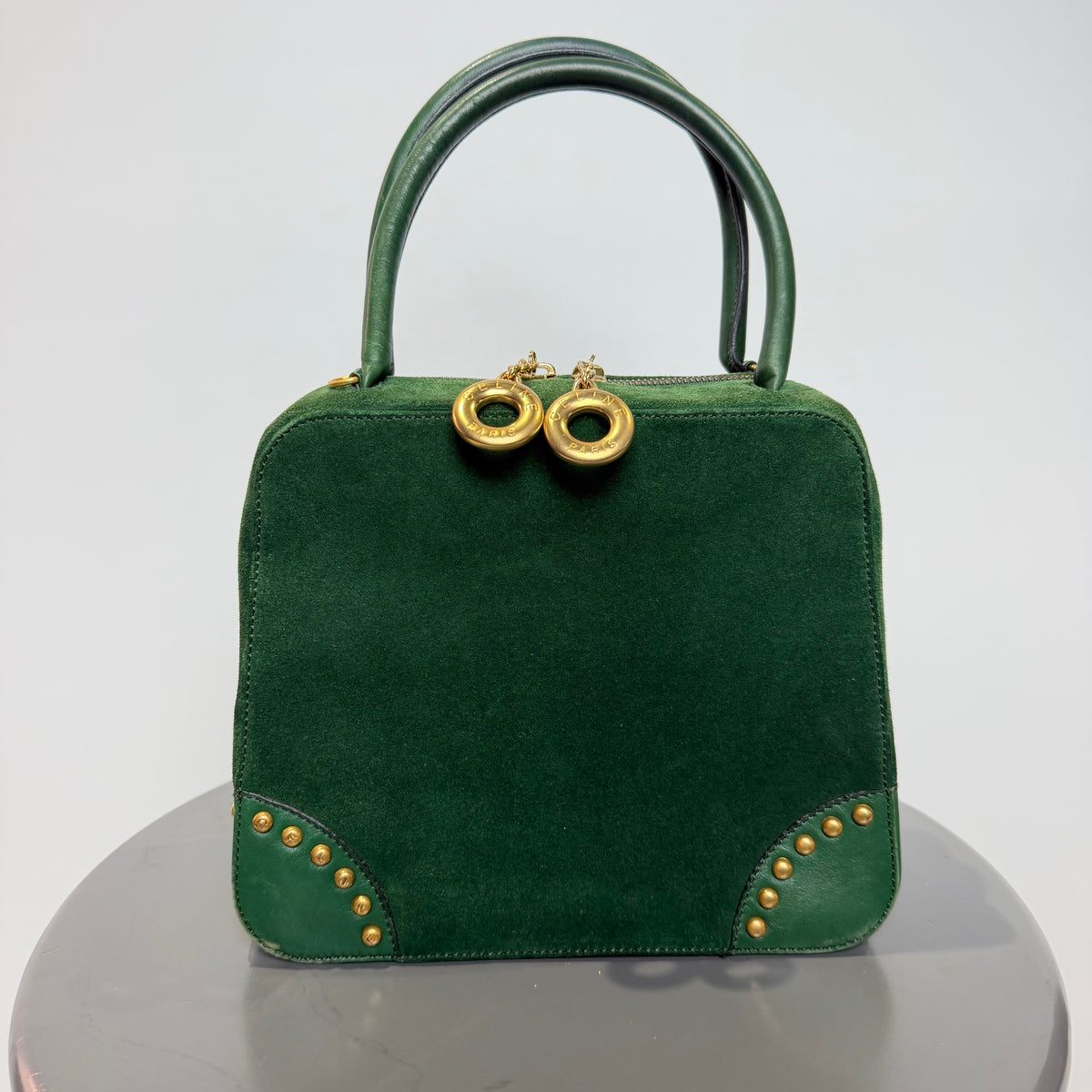 Vintage Celine Top Handle Suede Box Bag Forest Green