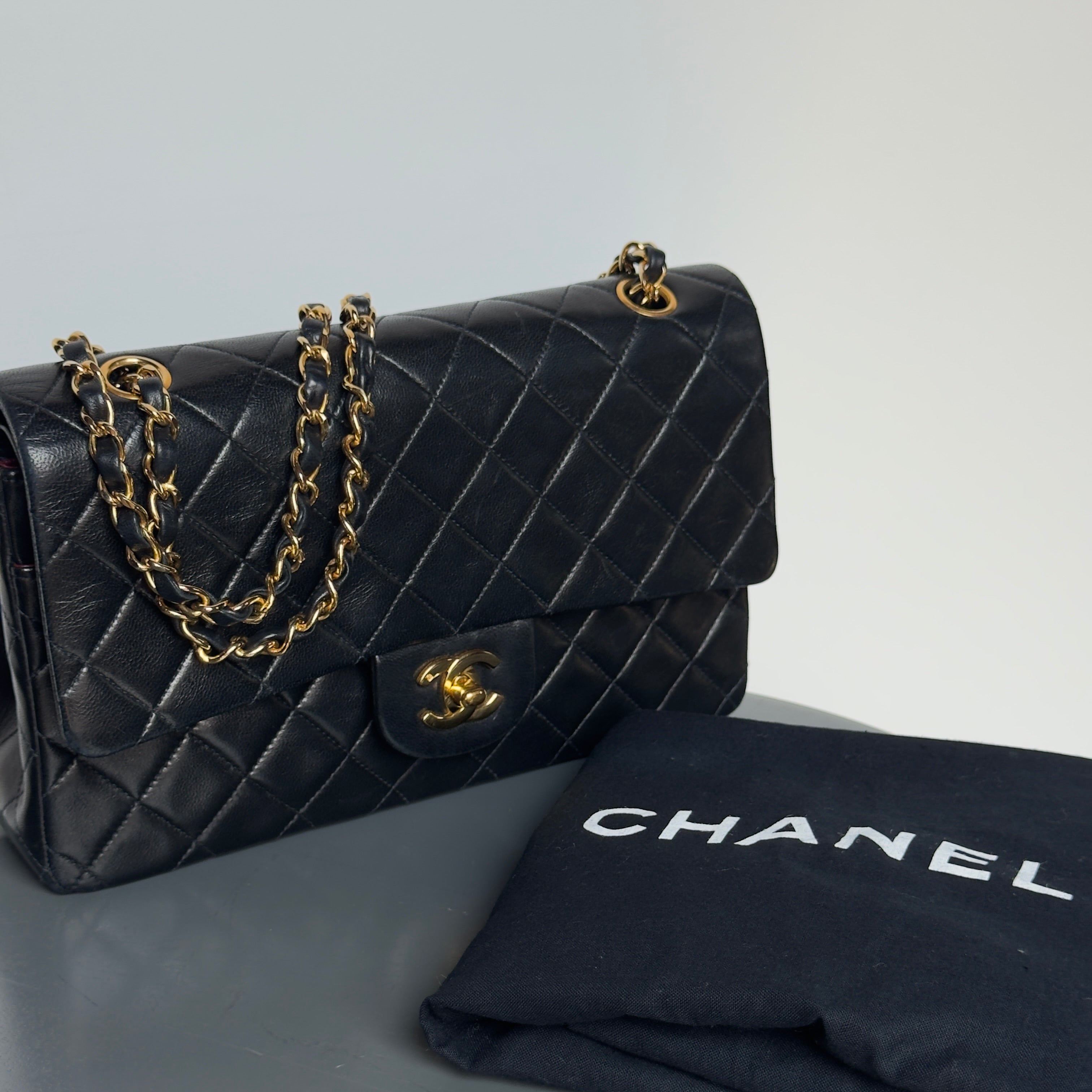 Vintage Chanel Medium Lambskin Double Flap Black - Queen May