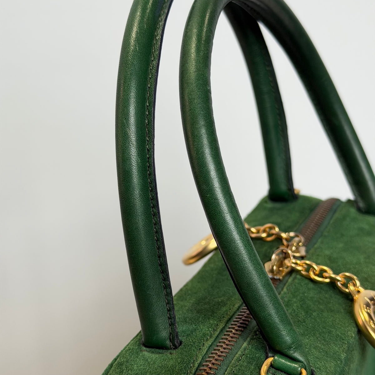 Vintage Celine Top Handle Suede Box Bag Forest Green