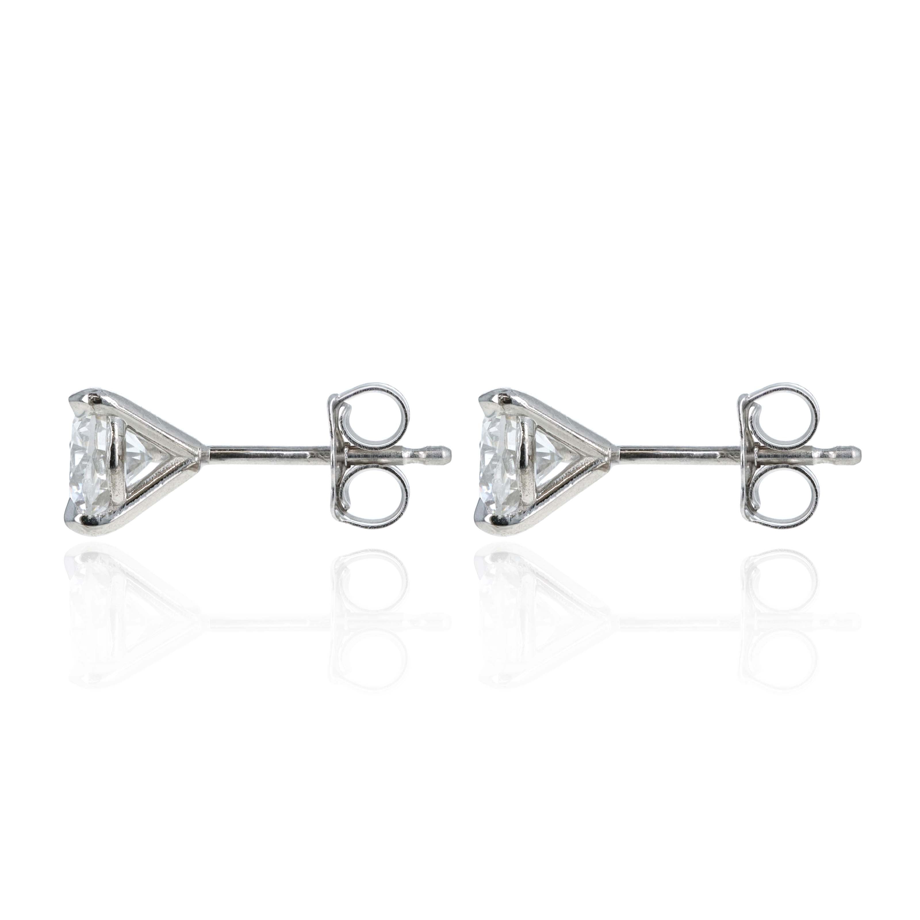 14K White Gold 1.03 Carat Round Brilliant Diamond Three Prong Martini Stud Earrings