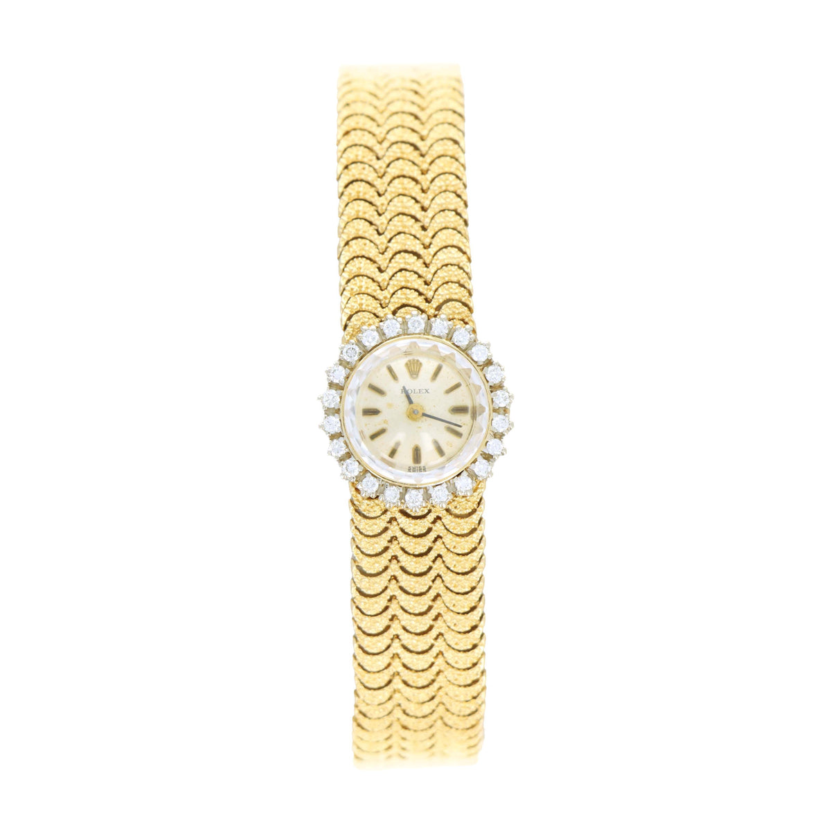 Vintage Rolex Ladies 14K Yellow Gold Scalloped Finish Bracelet With White Gold Diamond Bezel Mechanical Movement Watch