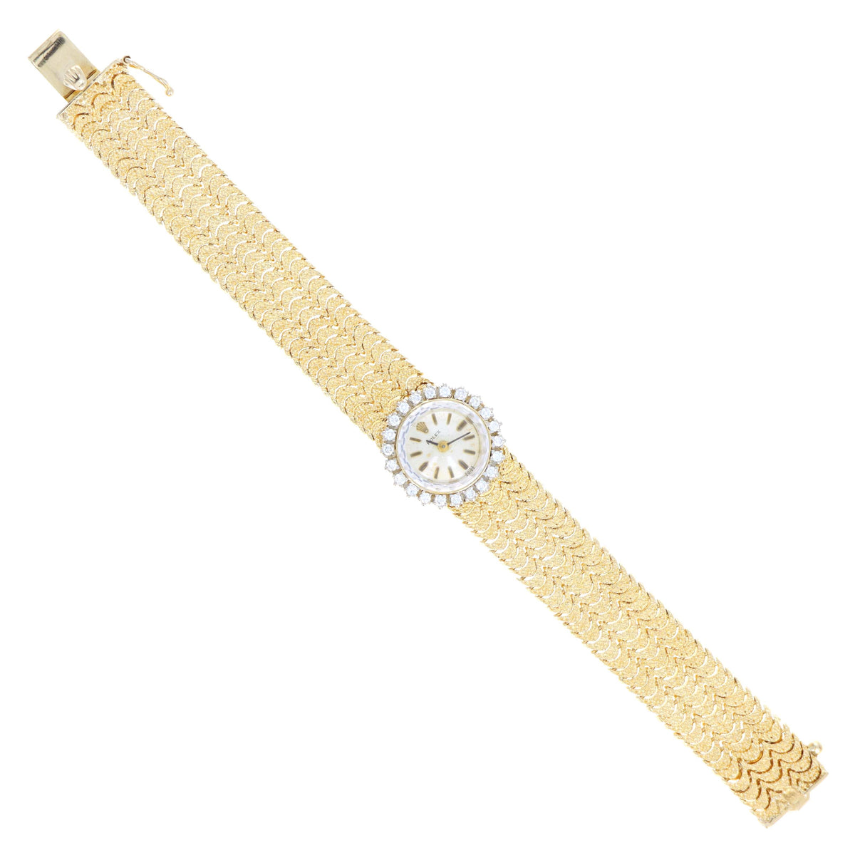 Vintage Rolex Ladies 14K Yellow Gold Scalloped Finish Bracelet With White Gold Diamond Bezel Mechanical Movement Watch