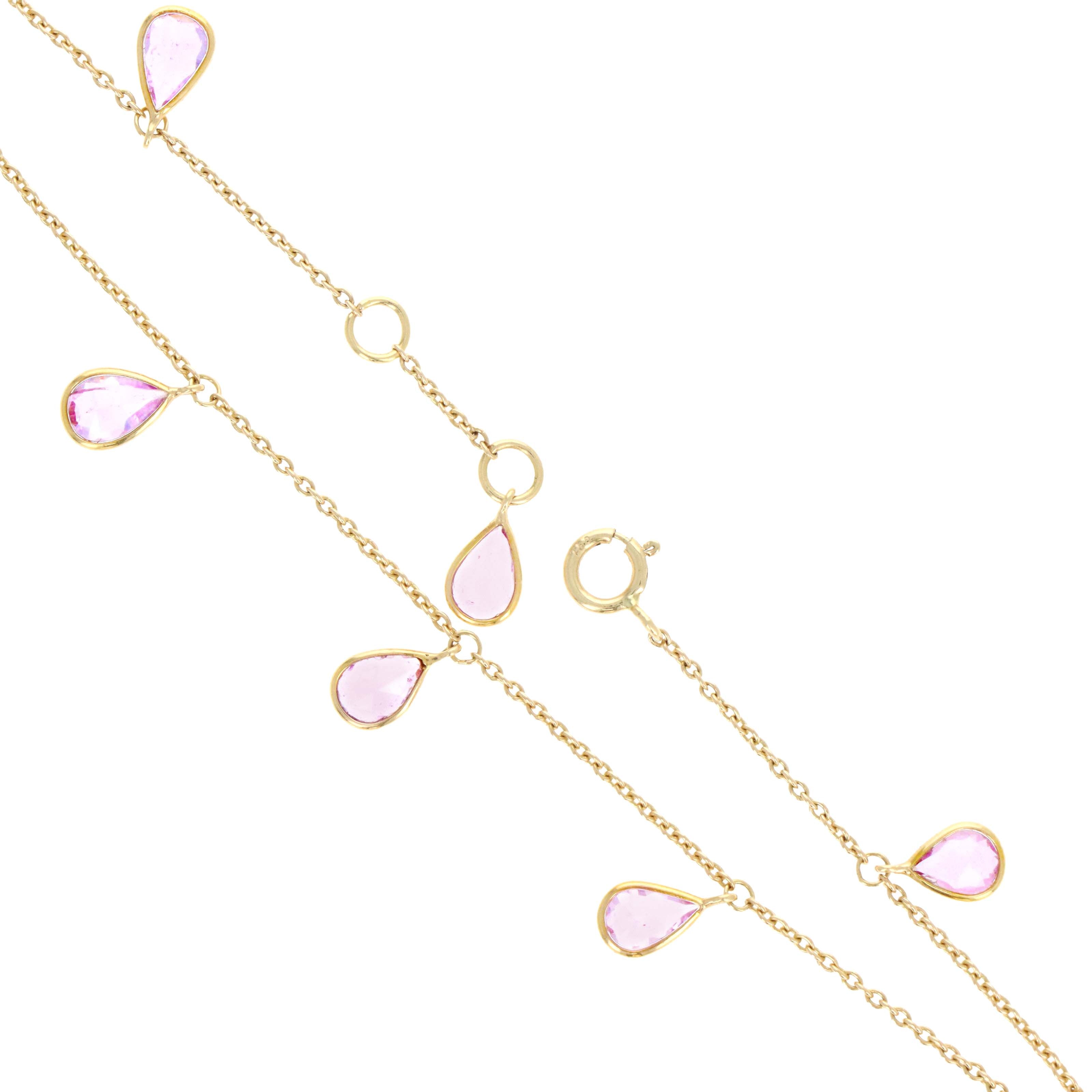 14K Yellow Gold 2.34 Carat Pear Pink Sapphire Fringe Station Bracelet