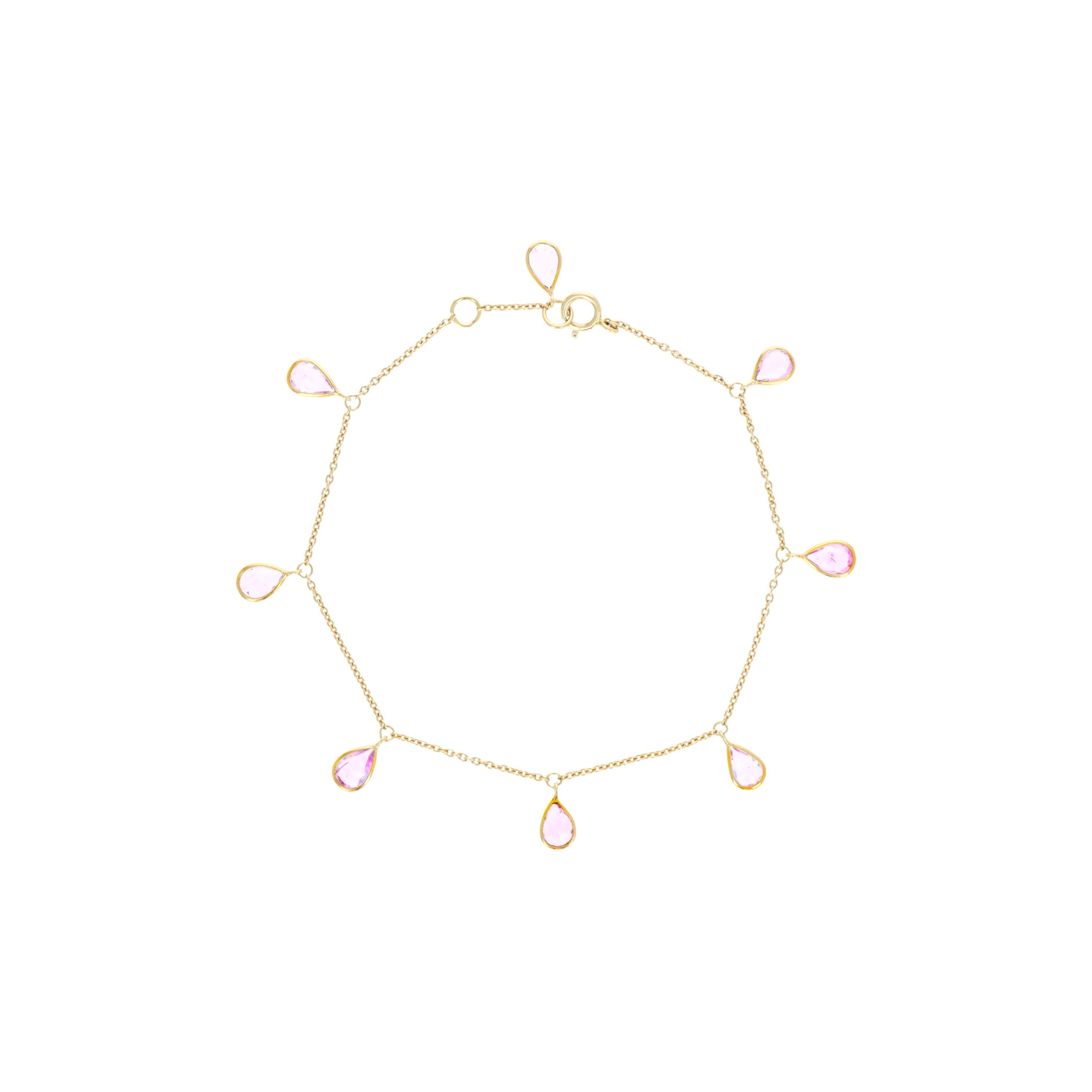 14K Yellow Gold 2.34 Carat Pear Pink Sapphire Fringe Station Bracelet