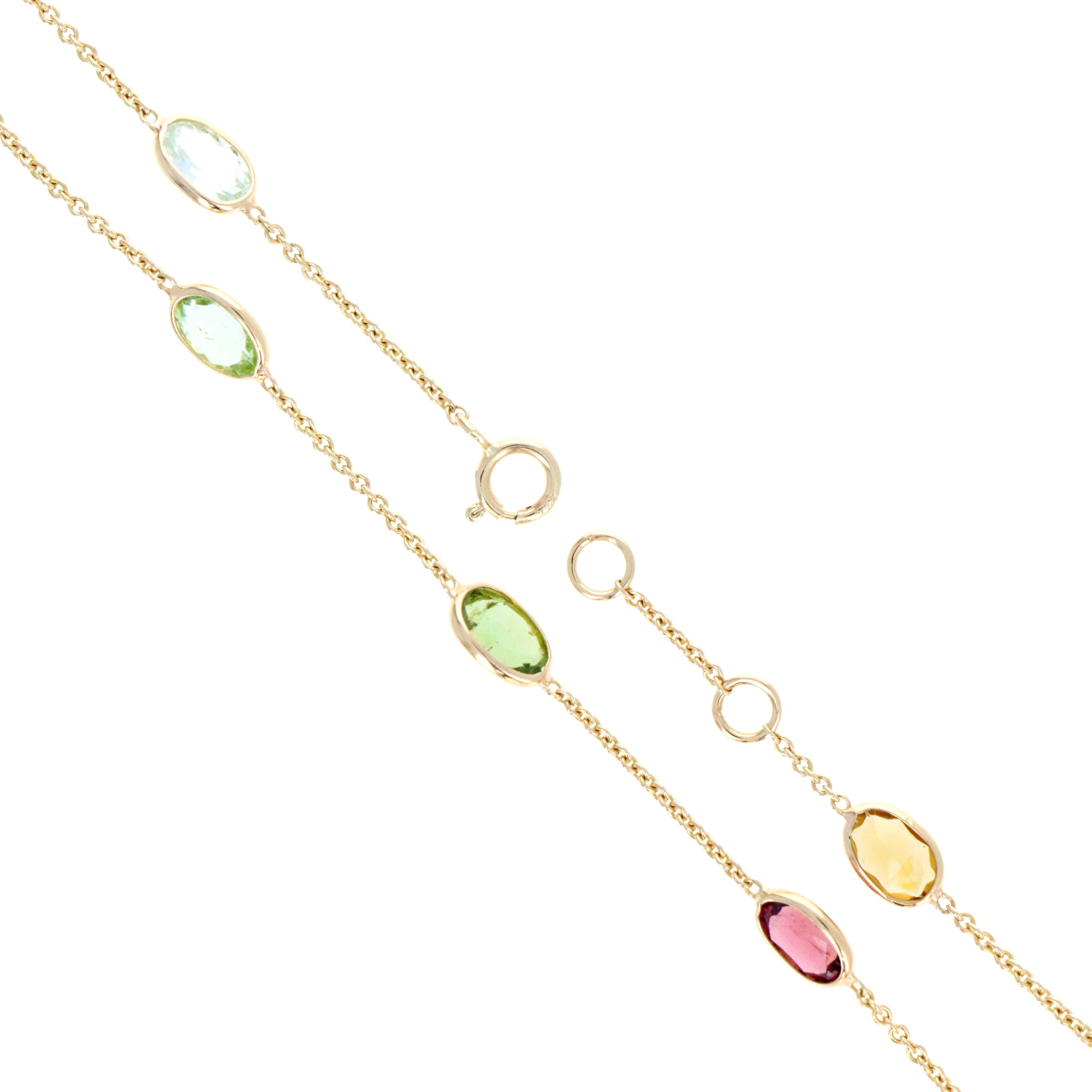 14K Yellow Gold 3 Carat Oval Multi-Color Tourmaline Bezel Station Bracelet