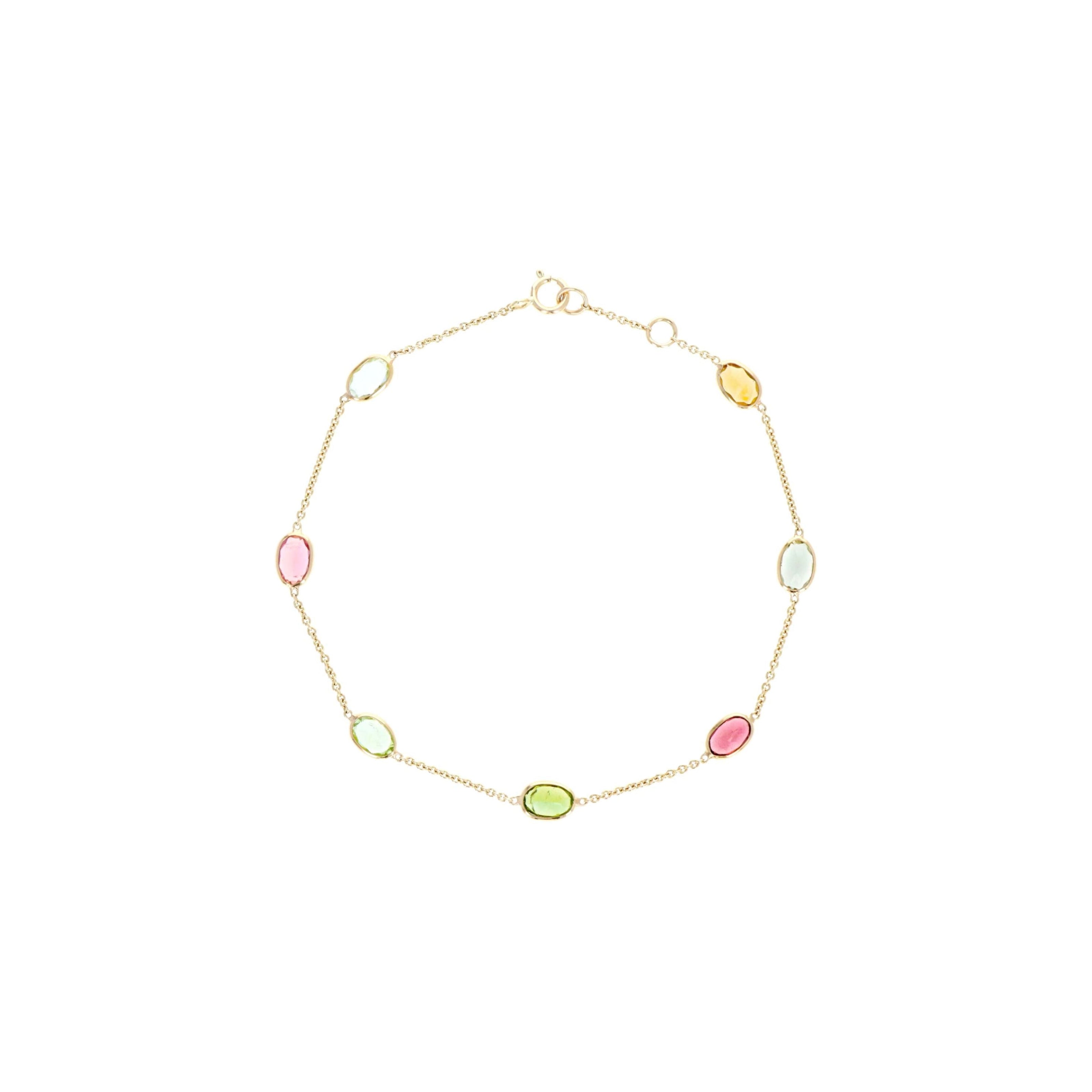 14K Yellow Gold 3 Carat Oval Multi-Color Tourmaline Bezel Station Bracelet