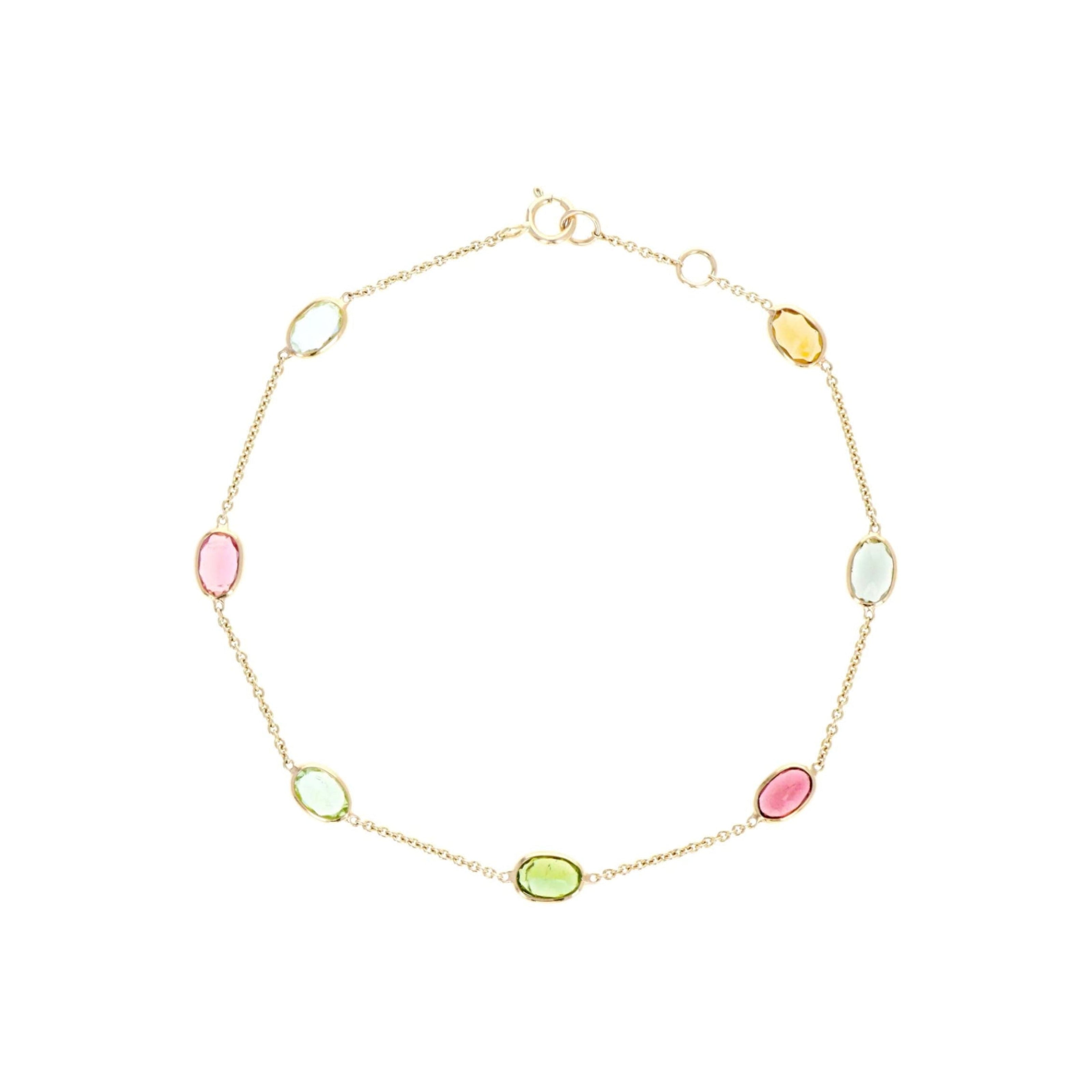 14K Yellow Gold 3 Carat Oval Multi-Color Tourmaline Bezel Station Bracelet - Queen May