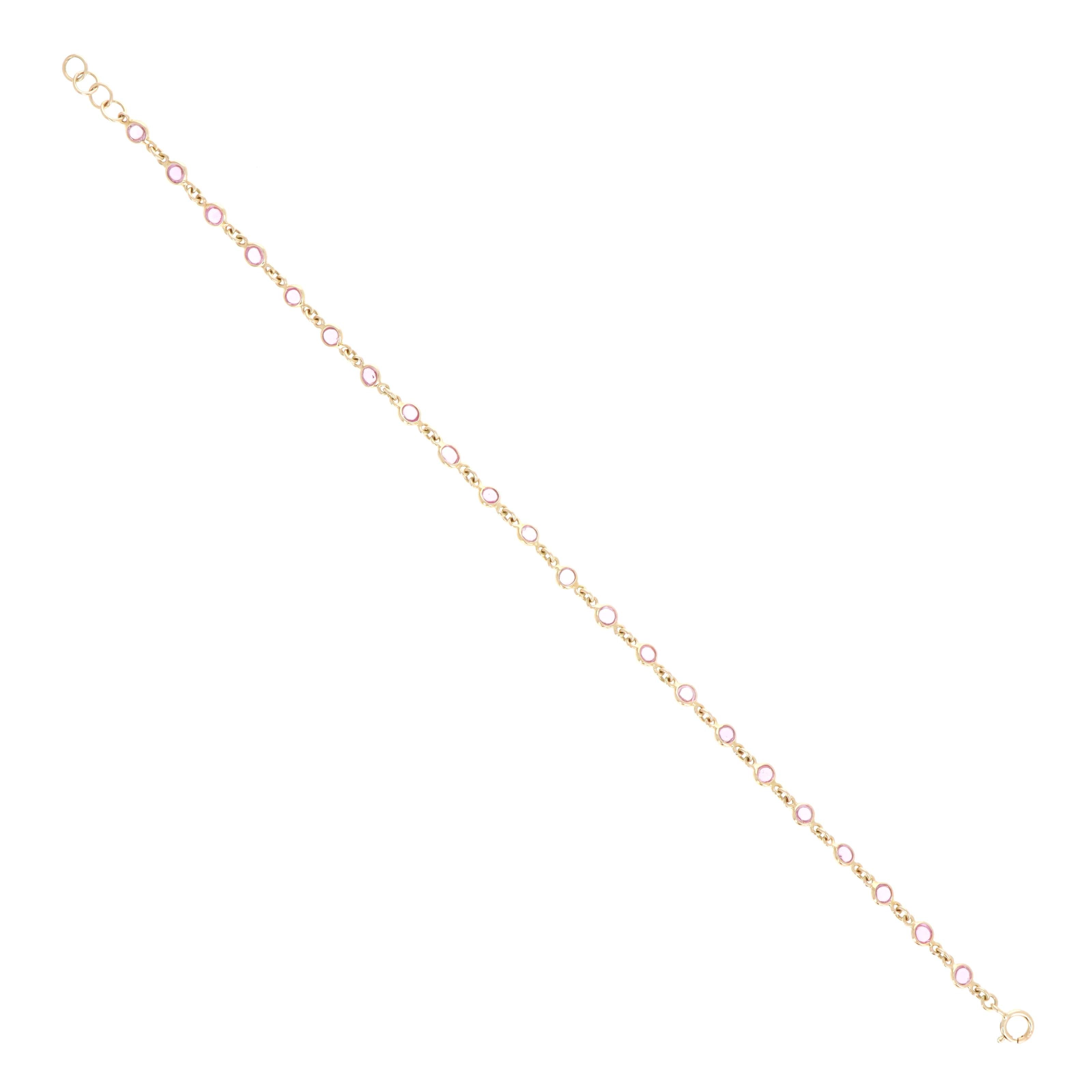 14K Yellow Gold 2.88 Carat Round Cabochon Pink Sapphire Bezel Bracelet