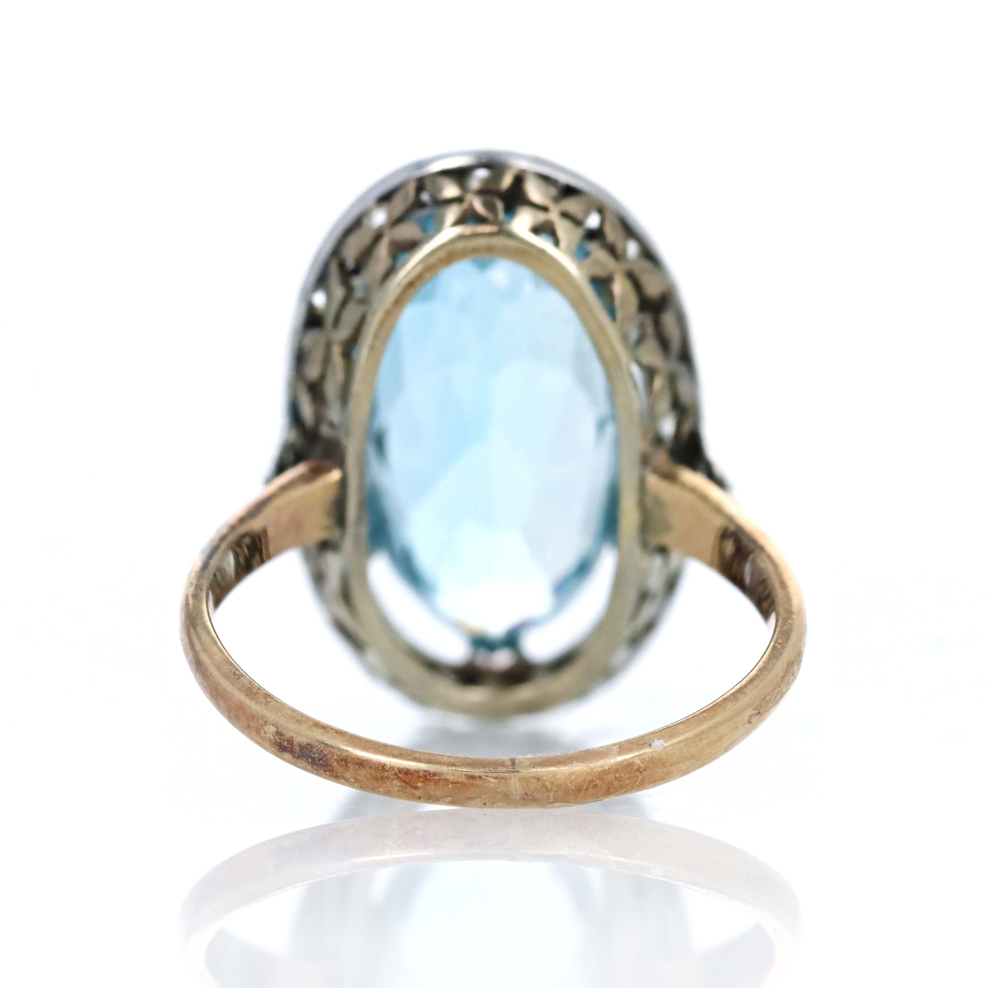 Edwardian 18K Yellow Gold Platinum 4.5 Carat Elongated Aquamarine Rose Cut Diamond Ring