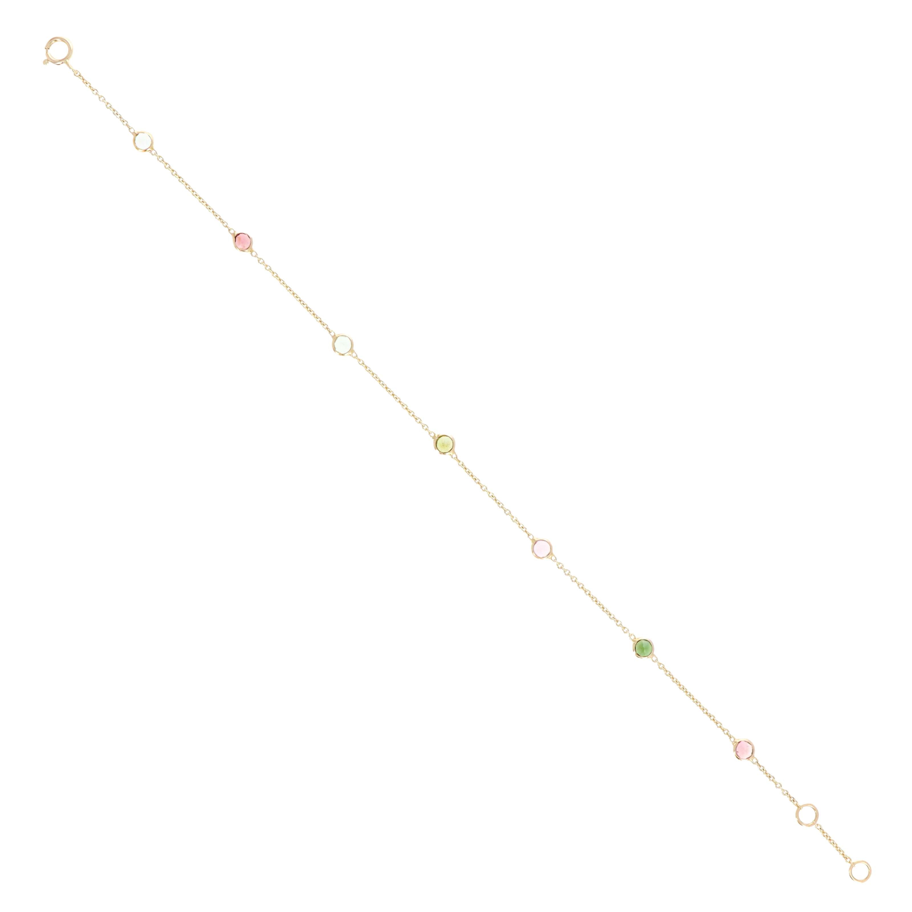 14K Yellow Gold 0.94 Carat Round Multi-Color Tourmaline Station Bracelet