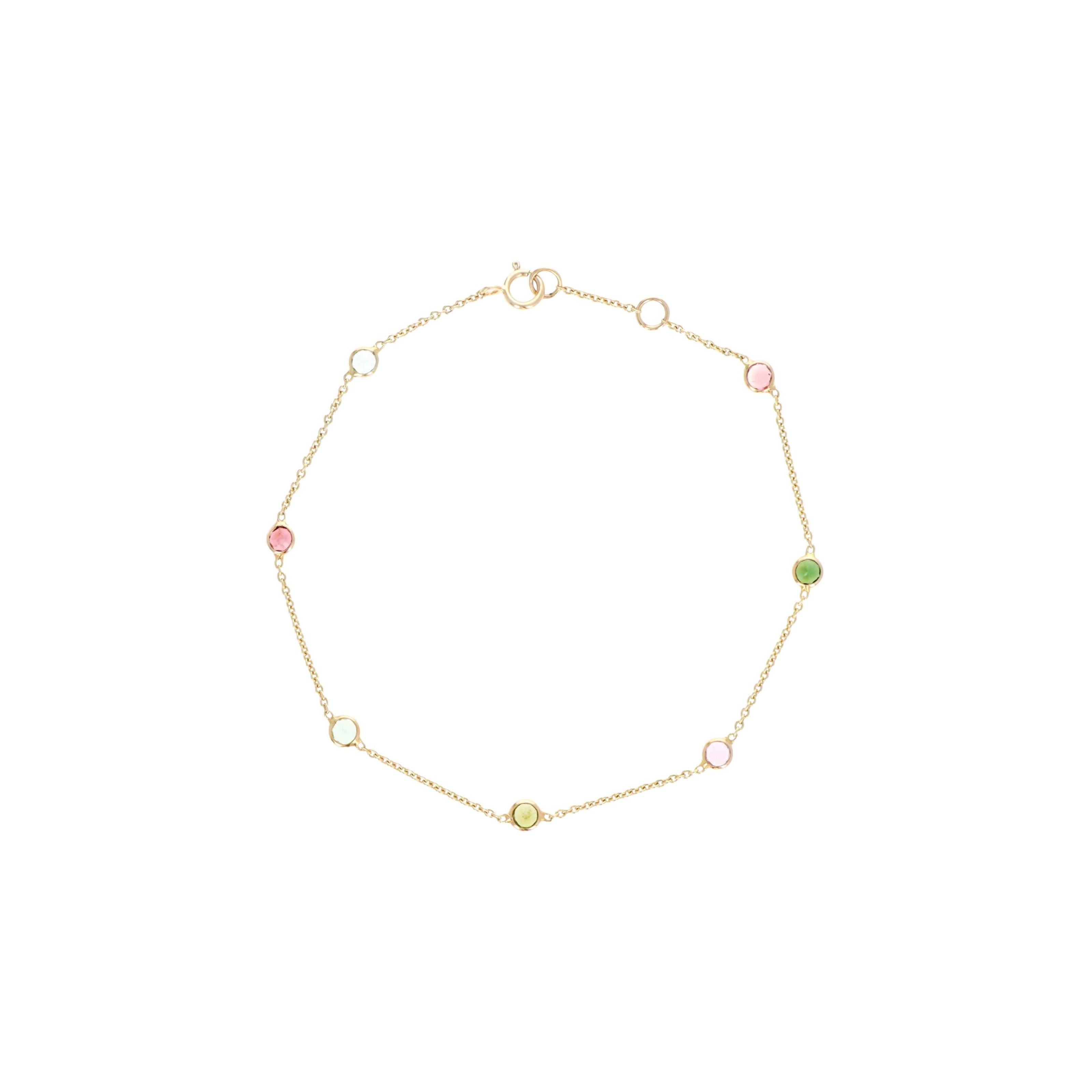 14K Yellow Gold 0.94 Carat Round Multi-Color Tourmaline Station Bracelet