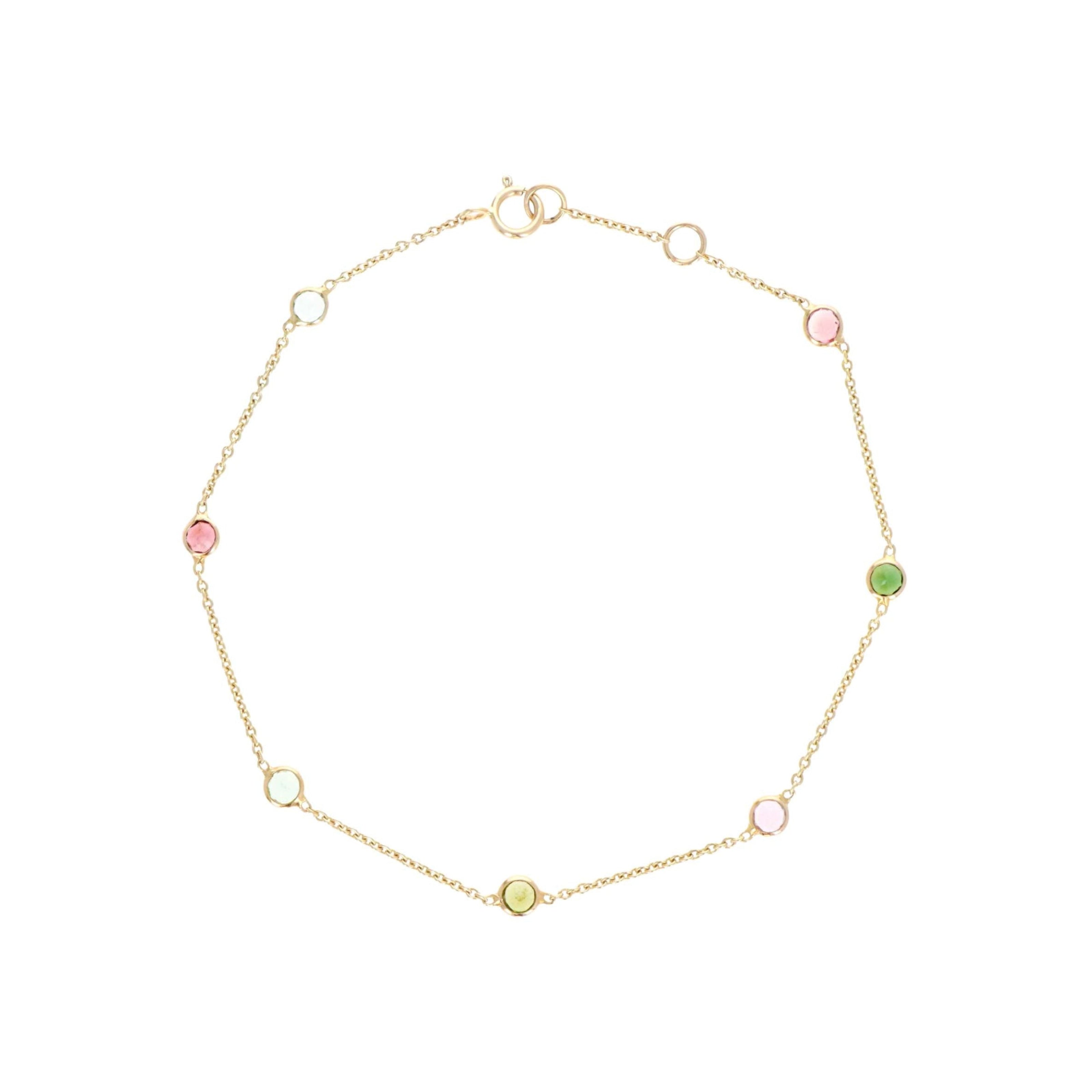 14K Yellow Gold 0.94 Carat Round Multi-Color Tourmaline Station Bracelet - Queen May