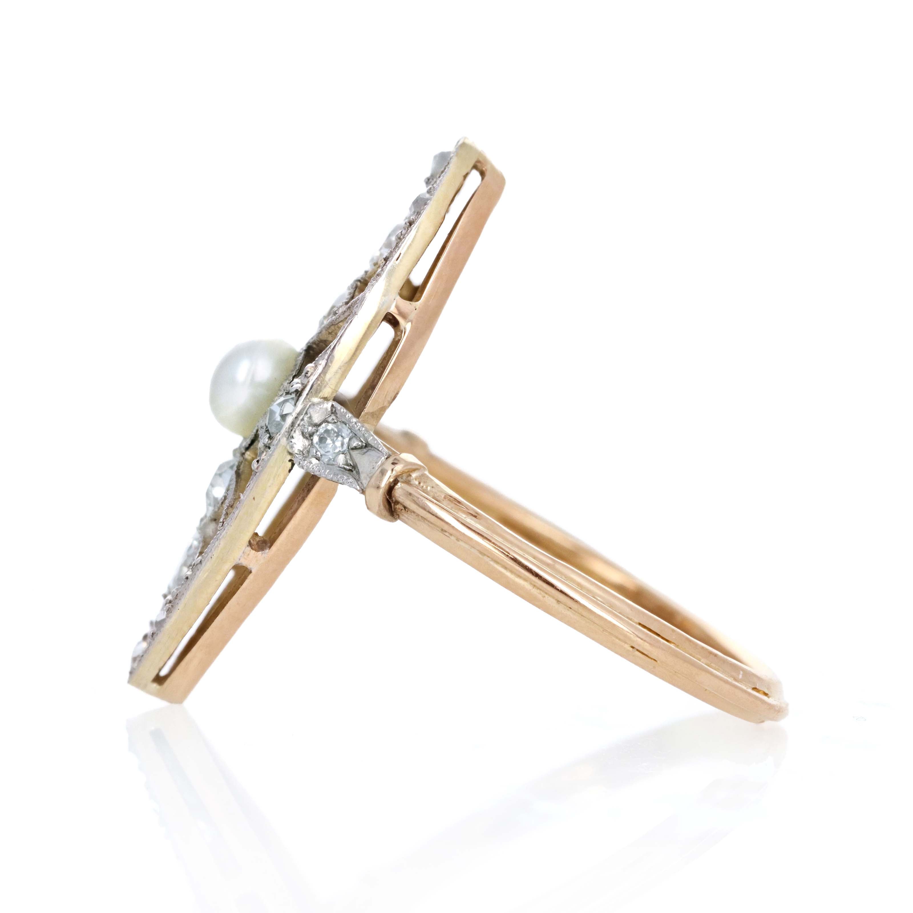 Edwardian 18K Yellow Gold Platinum 3.65mm Natural Pearl Antique Diamond Navette Ring