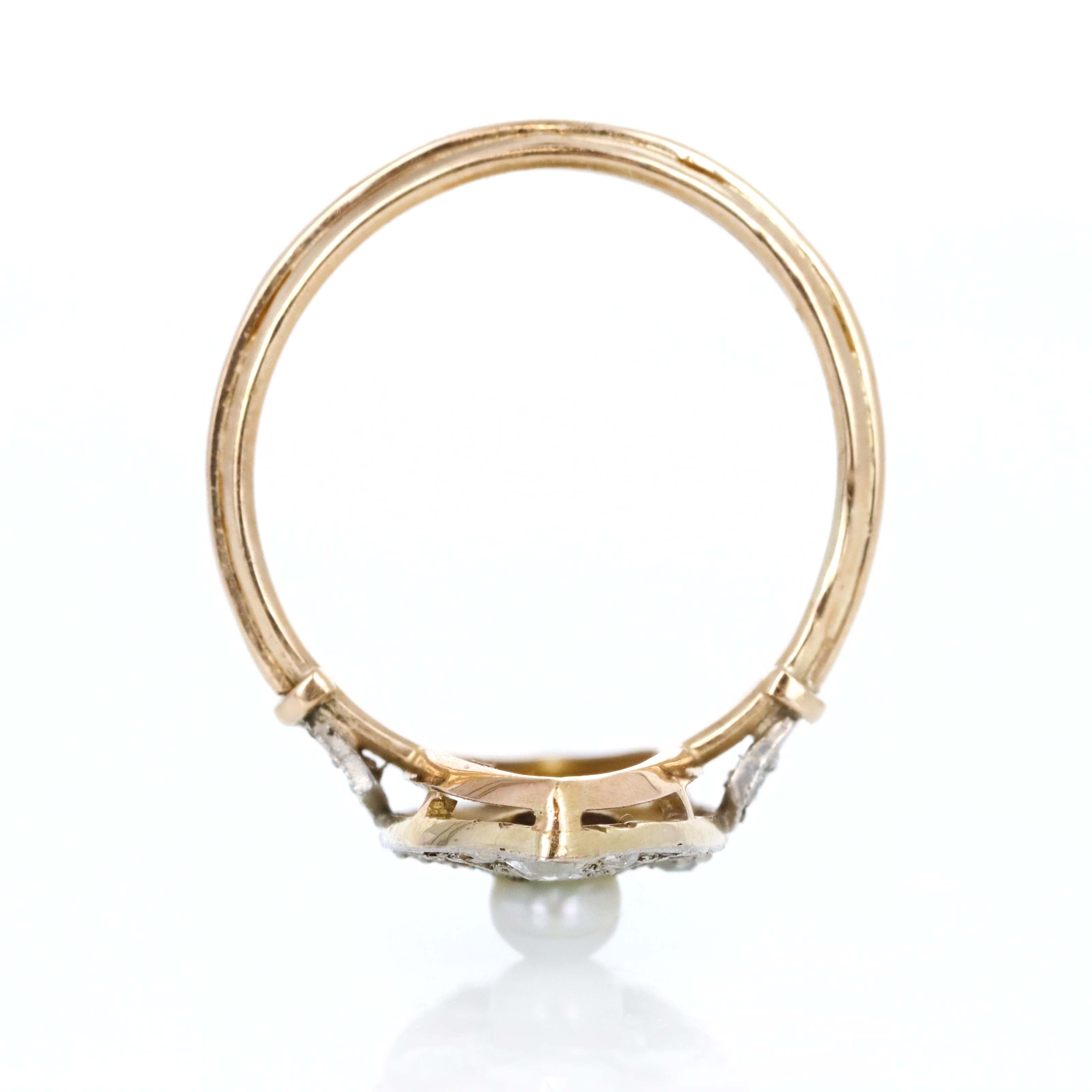 Edwardian 18K Yellow Gold Platinum 3.65mm Natural Pearl Antique Diamond Navette Ring