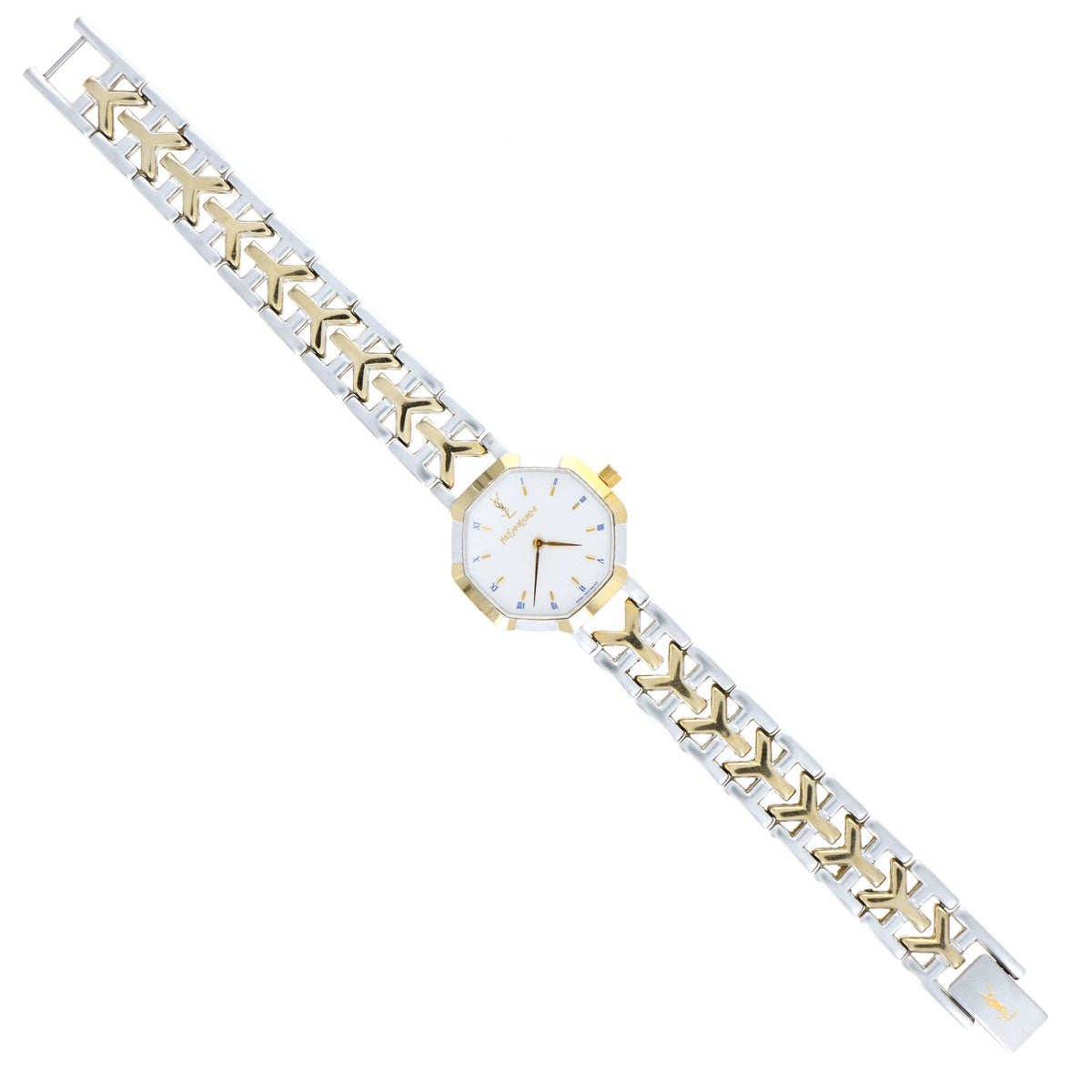 Yves Saint Laurent Octagon Two Tone Watch Blue Marker Dial