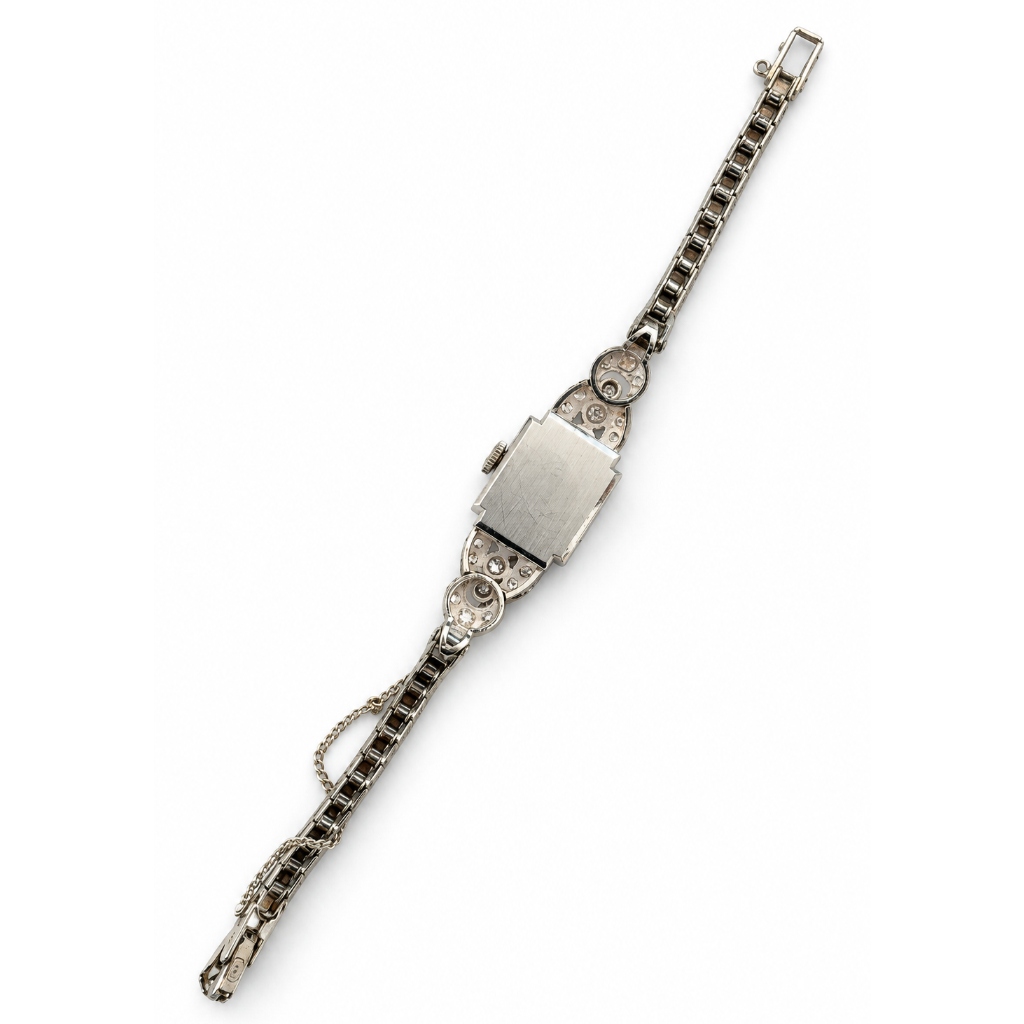 Art Deco 14K White Gold 1 Carat Antique Single Cut & Round Diamond Hamilton Bracelet Watch