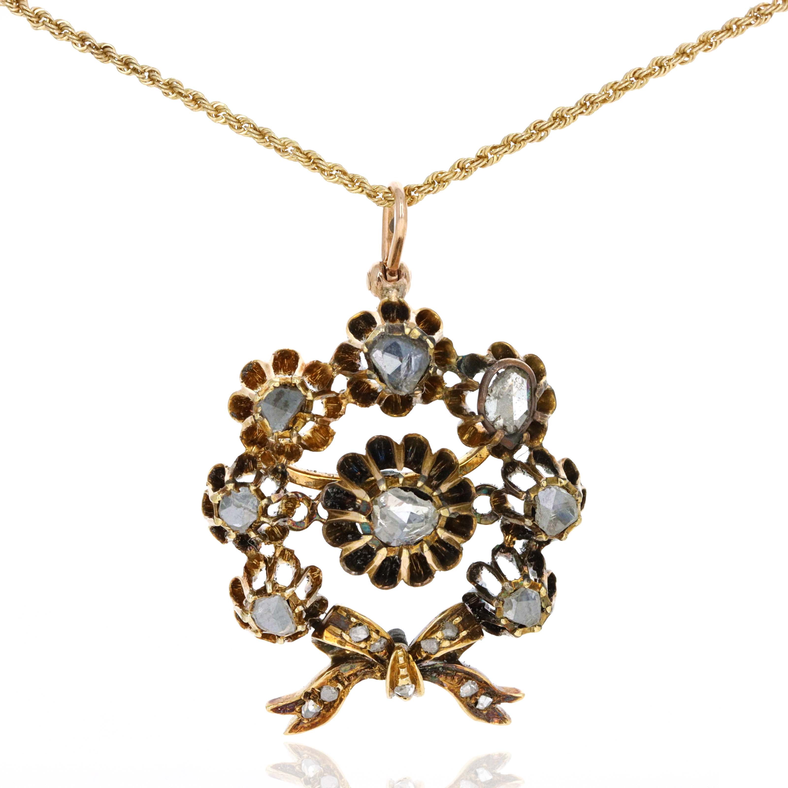 Victorian 14K Yellow Gold Rose Cut Diamond Bow Pendant Necklace - Queen May