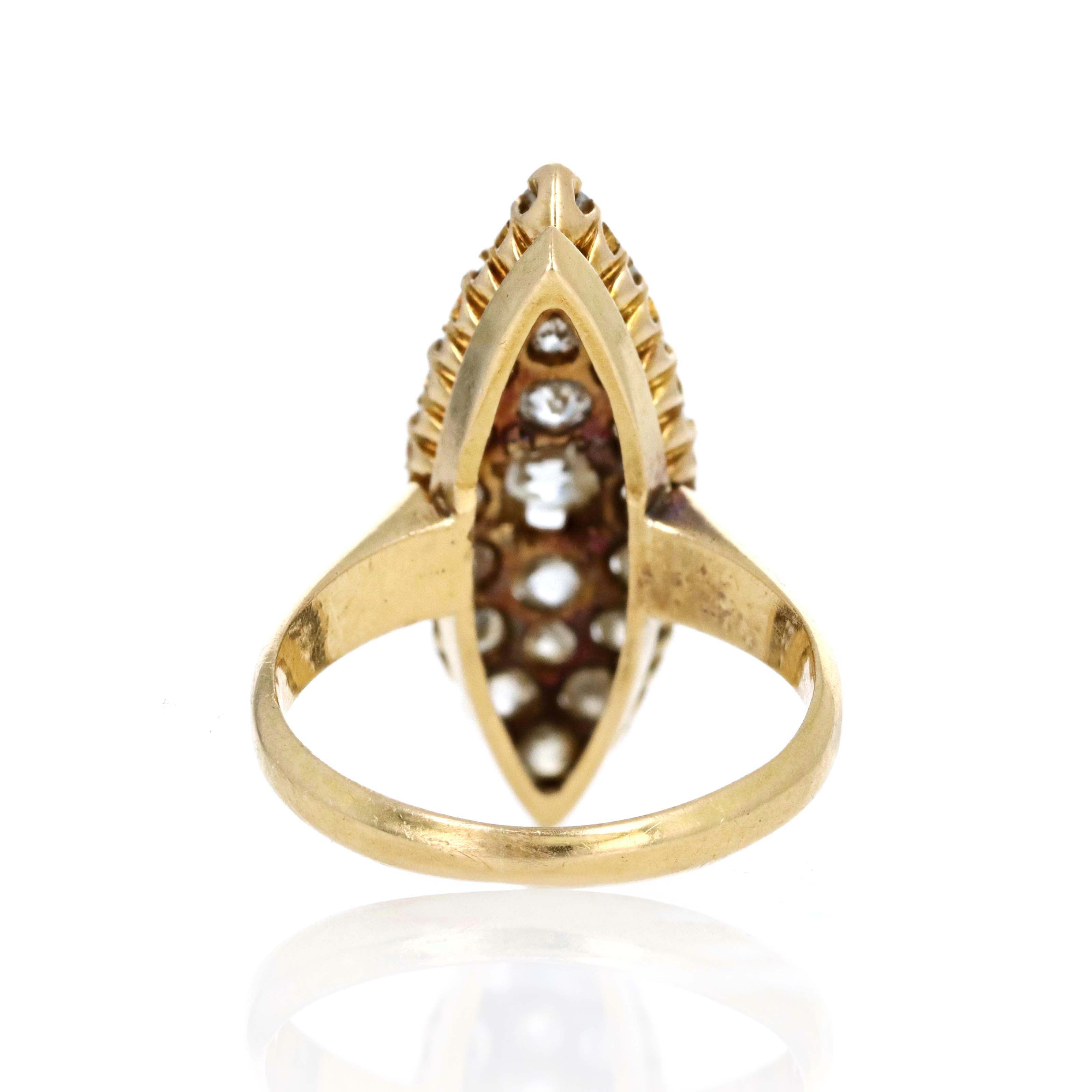 Victorian 18K Yellow Gold 1.5 Carat Old European Diamond Navette Ring