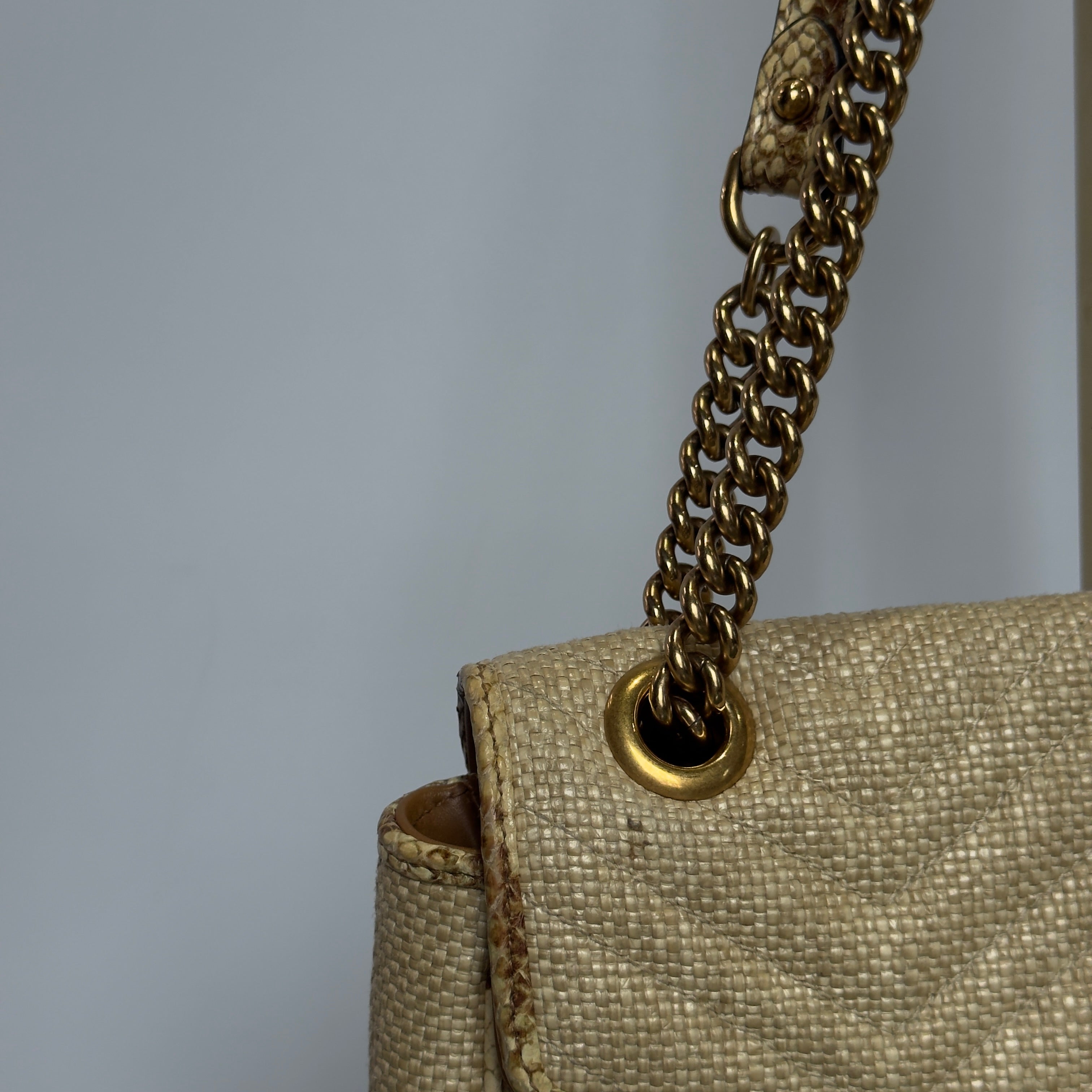 Gucci Raffia Elaphe Matelasse Small GG Shoulder Bag Natural Cream Brown