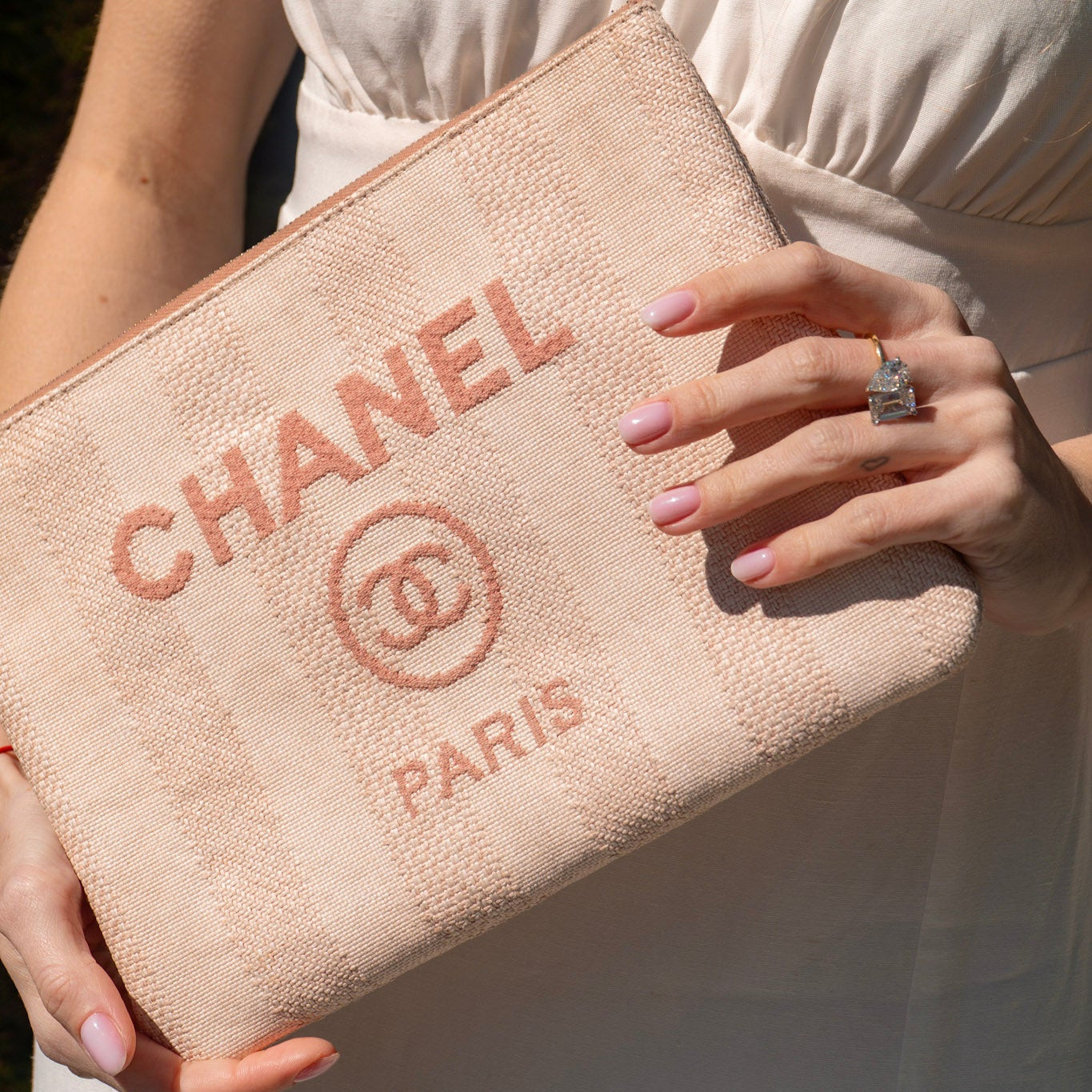 Chanel Deauville O-Case Clutch Striped Pink - Queen May